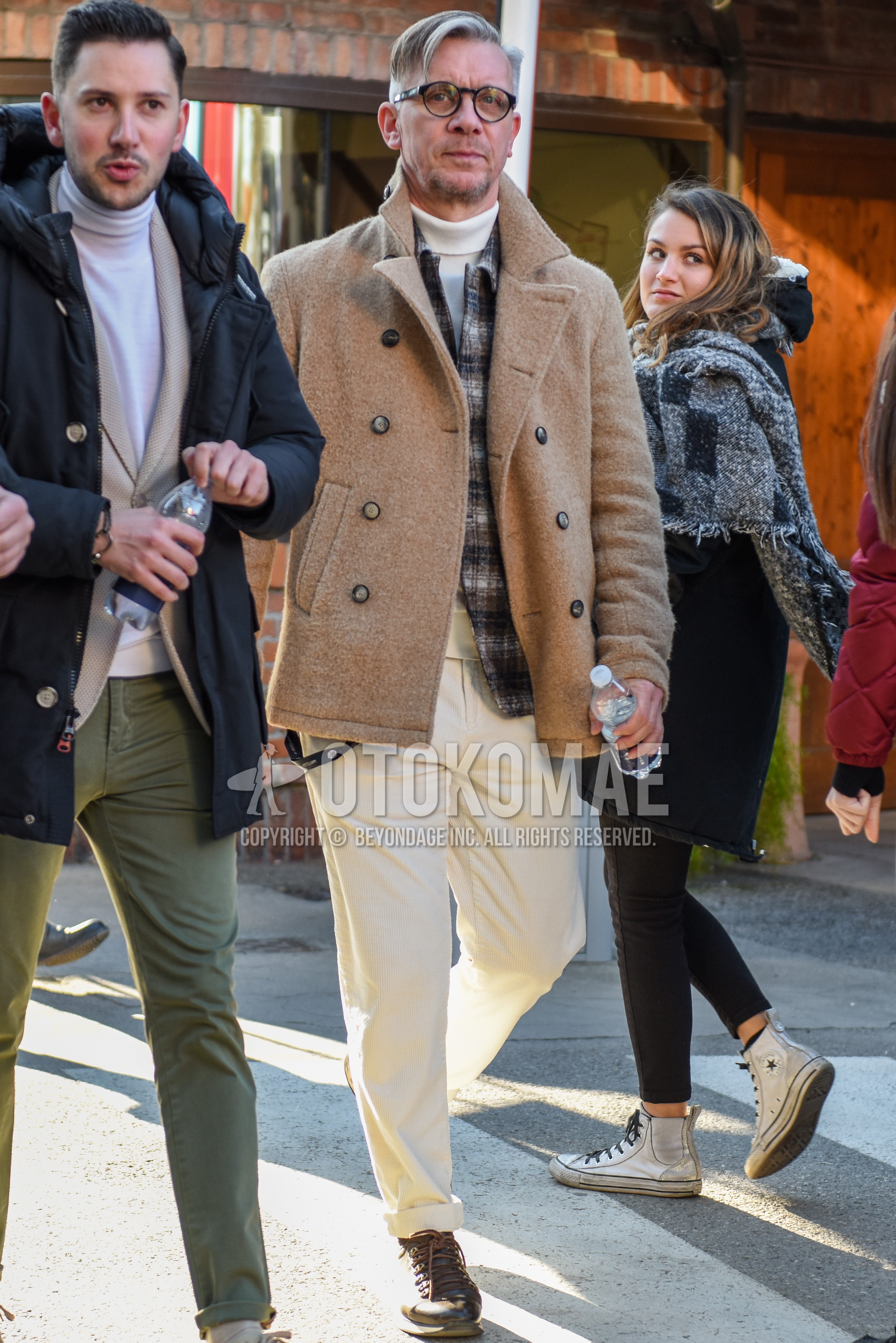 Men's autumn winter outfit with black plain glasses, beige plain p coat, gray check shirt jacket, white plain turtleneck knit, white plain cotton pants, brown  boots.
