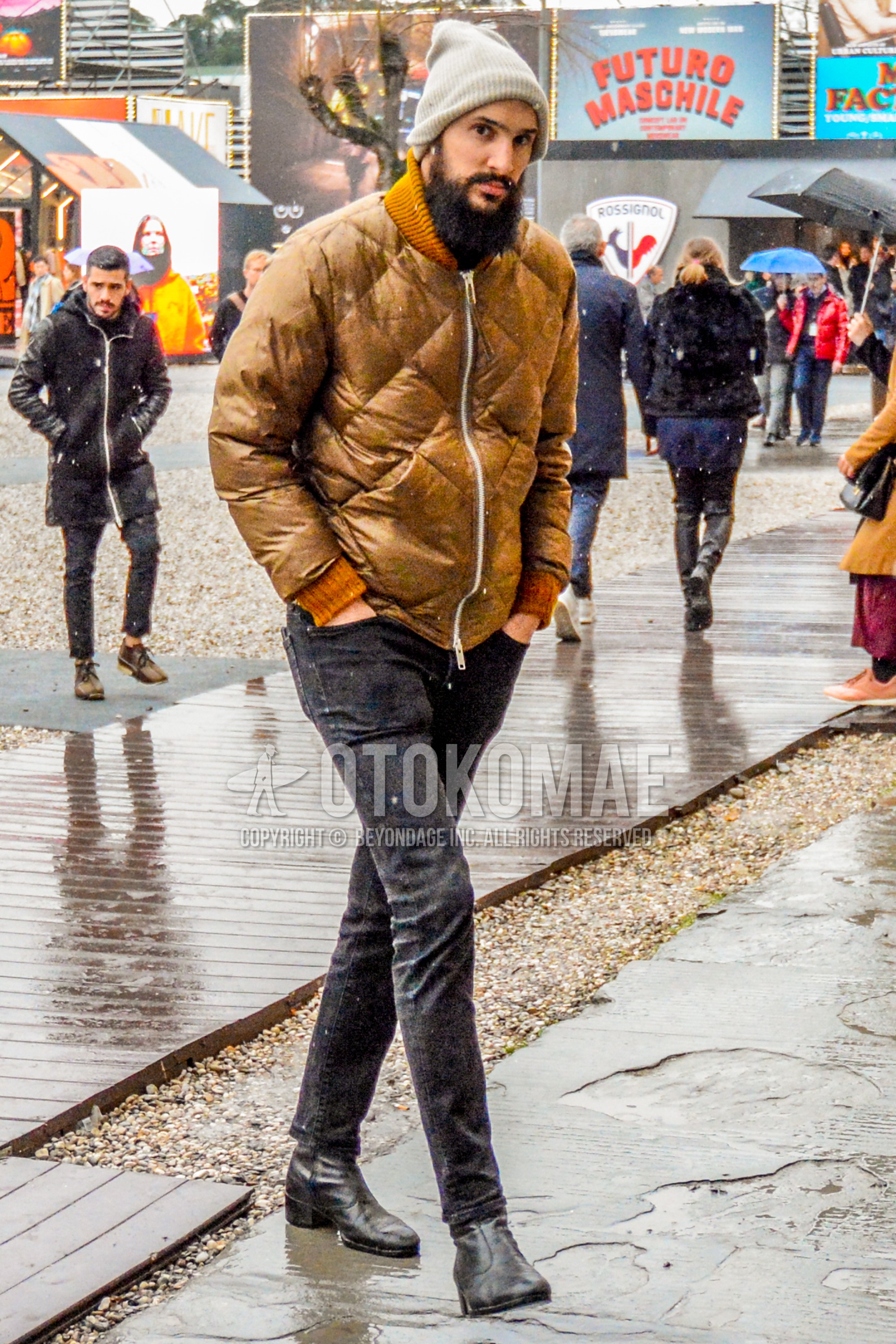 Men's spring autumn outfit with plain knit cap, brown plain MA-1, gray plain denim/jeans, black  boots.