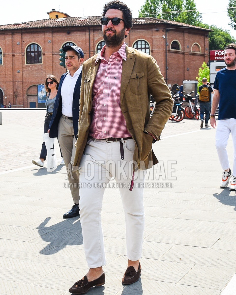Men's spring summer outfit with black plain sunglasses, brown plain tailored jacket, red check shirt, brown plain leather belt, white plain cotton pants, brown tassel loafers leather shoes.