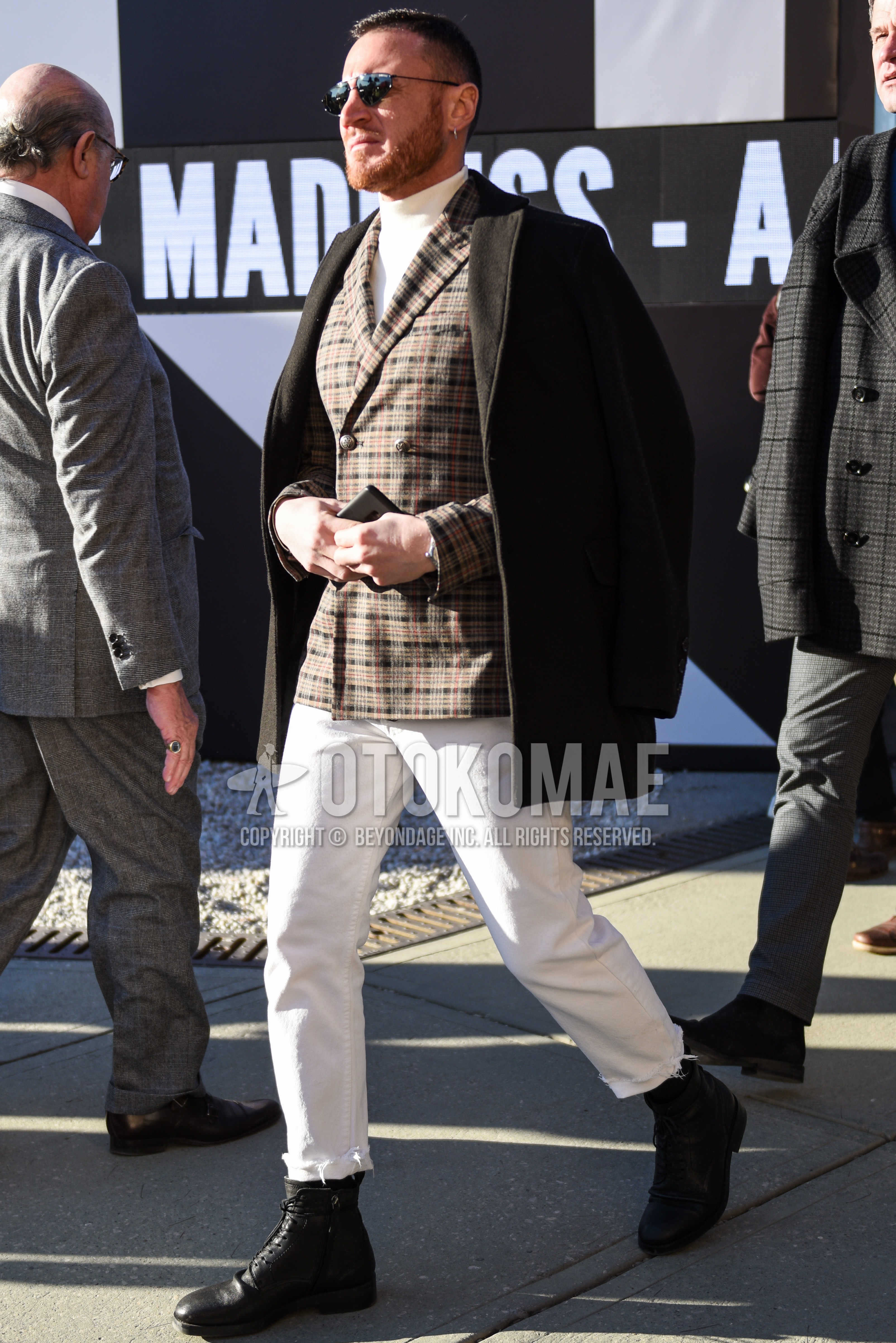 Men's autumn winter outfit with silver plain sunglasses, black plain chester coat, beige check tailored jacket, white plain turtleneck knit, white plain cotton pants, black  boots.