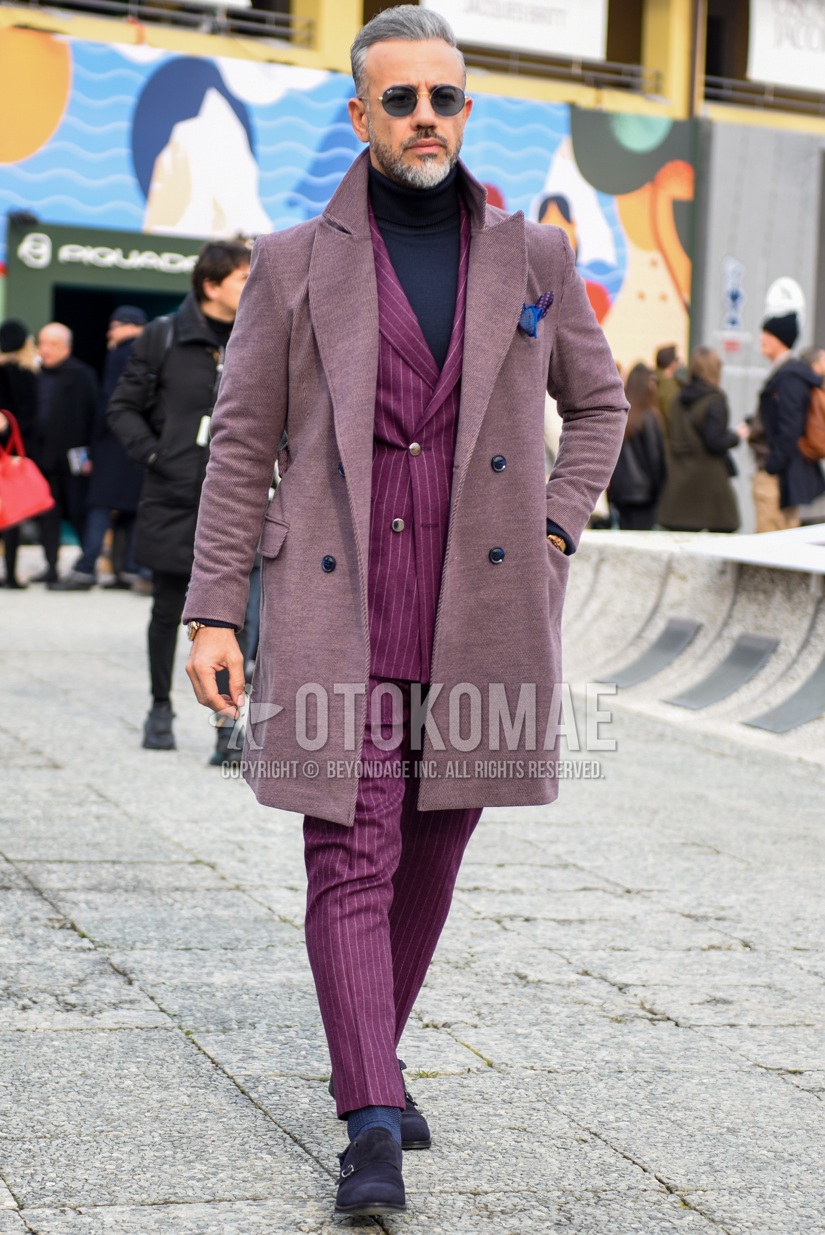 Men's autumn winter outfit with gold plain sunglasses, dark gray plain turtleneck knit, gray plain socks, purple monk shoes leather shoes, purple stripes suit.