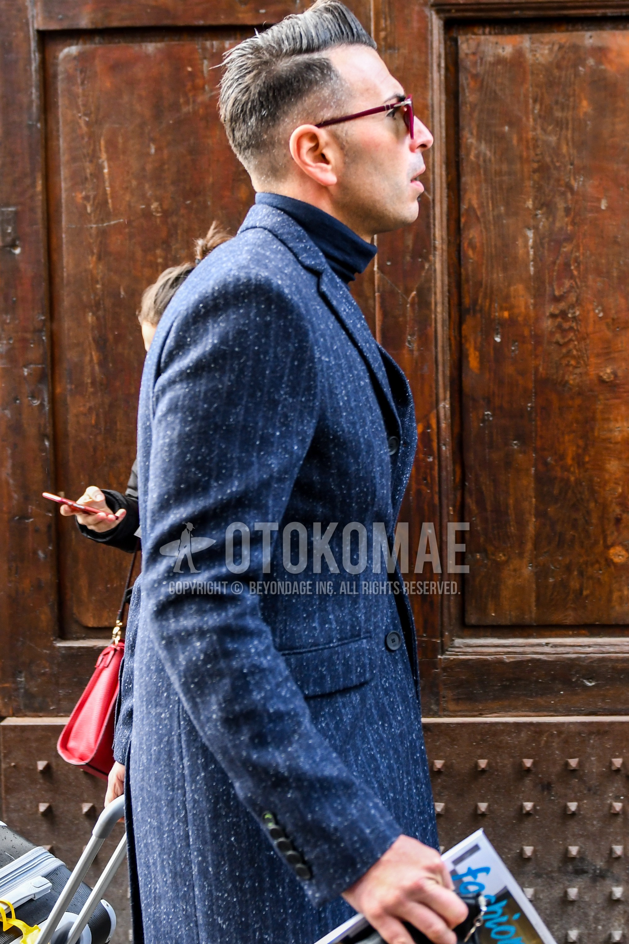 Men's spring autumn outfit with plain sunglasses, navy stripes tailored jacket, navy plain turtleneck knit.