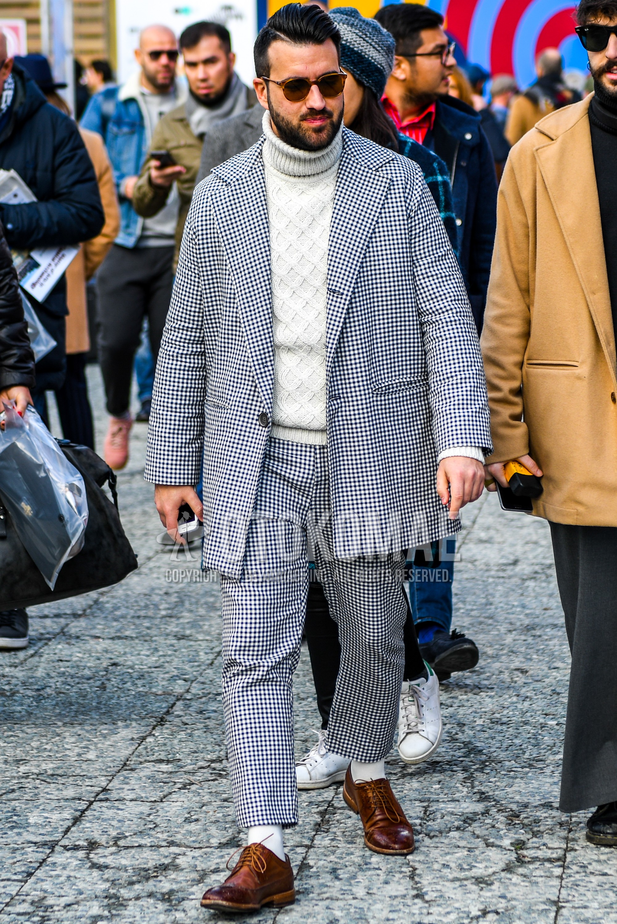 Men's winter outfit with plain sunglasses, white plain turtleneck knit, white plain socks, brown brogue shoes leather shoes, blue white check suit.