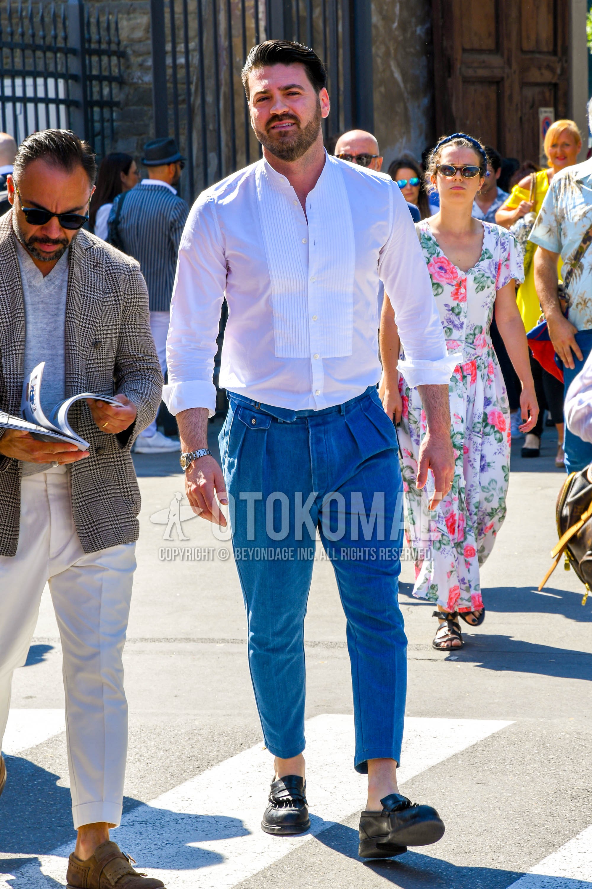 Men's spring summer autumn outfit with white plain shirt, blue plain pleated pants, black  loafers leather shoes.
