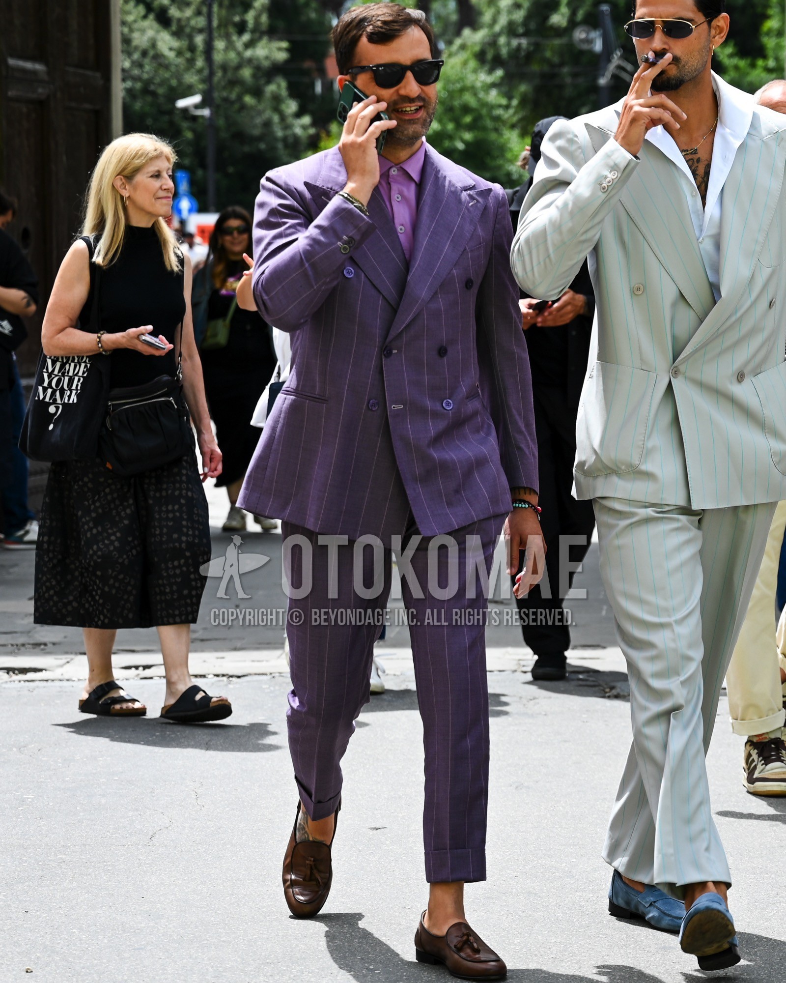 Men's spring summer autumn outfit with purple plain shirt, brown tassel loafers leather shoes, purple stripes suit.