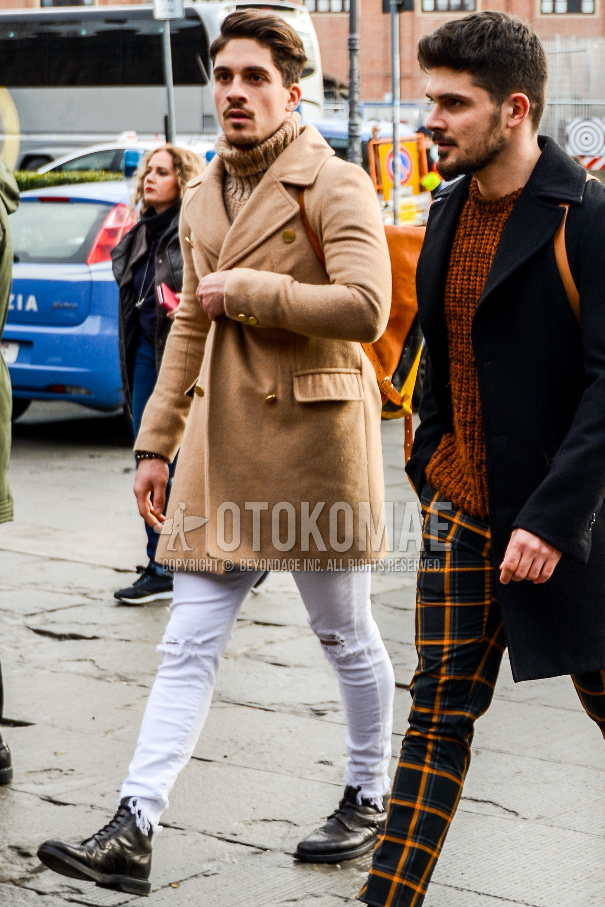 Men's autumn winter outfit with beige plain chester coat, beige plain turtleneck knit, white plain damaged jeans, brown  boots.
