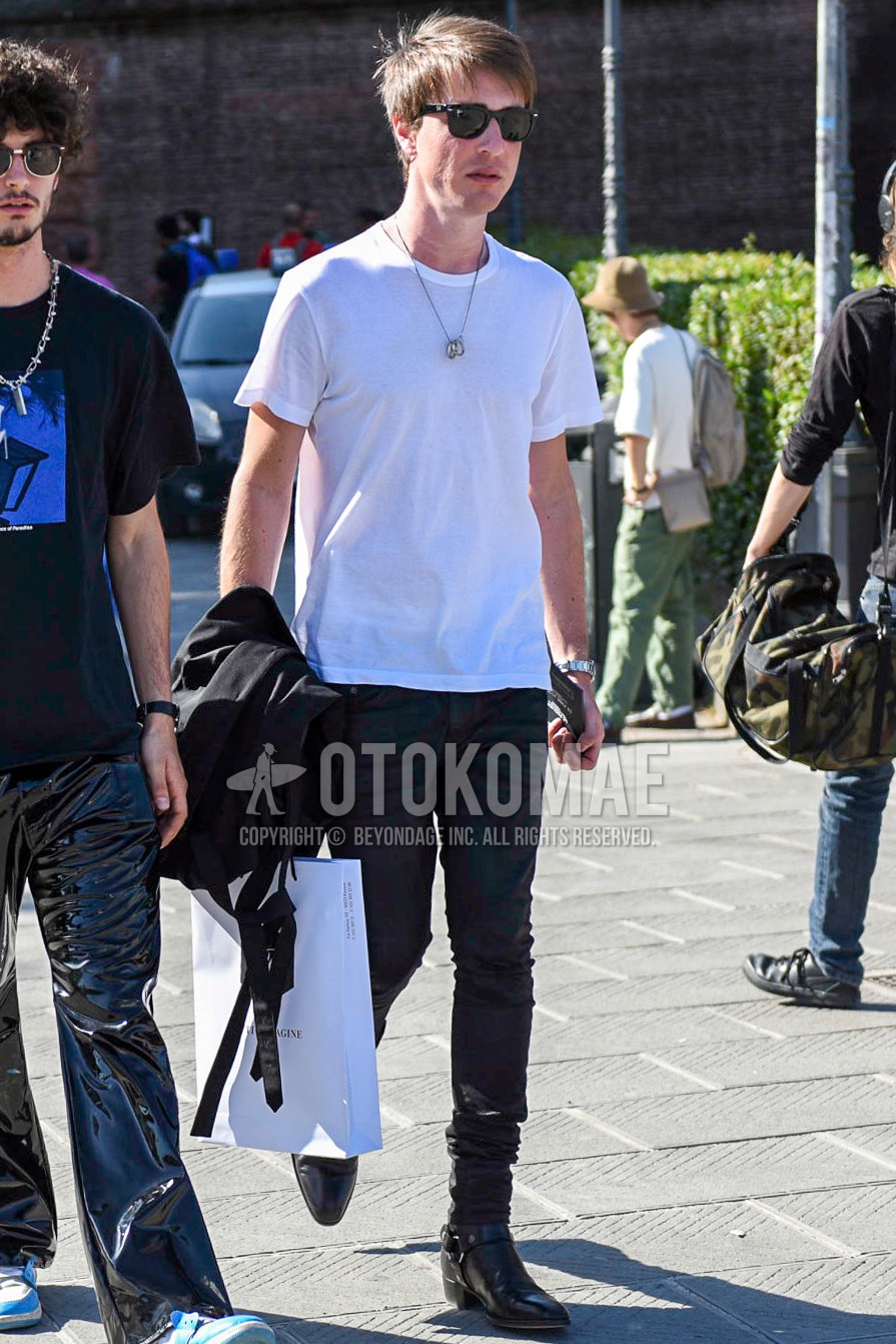 Men's summer outfit with black plain sunglasses, white plain t-shirt, black plain denim/jeans, black  boots.