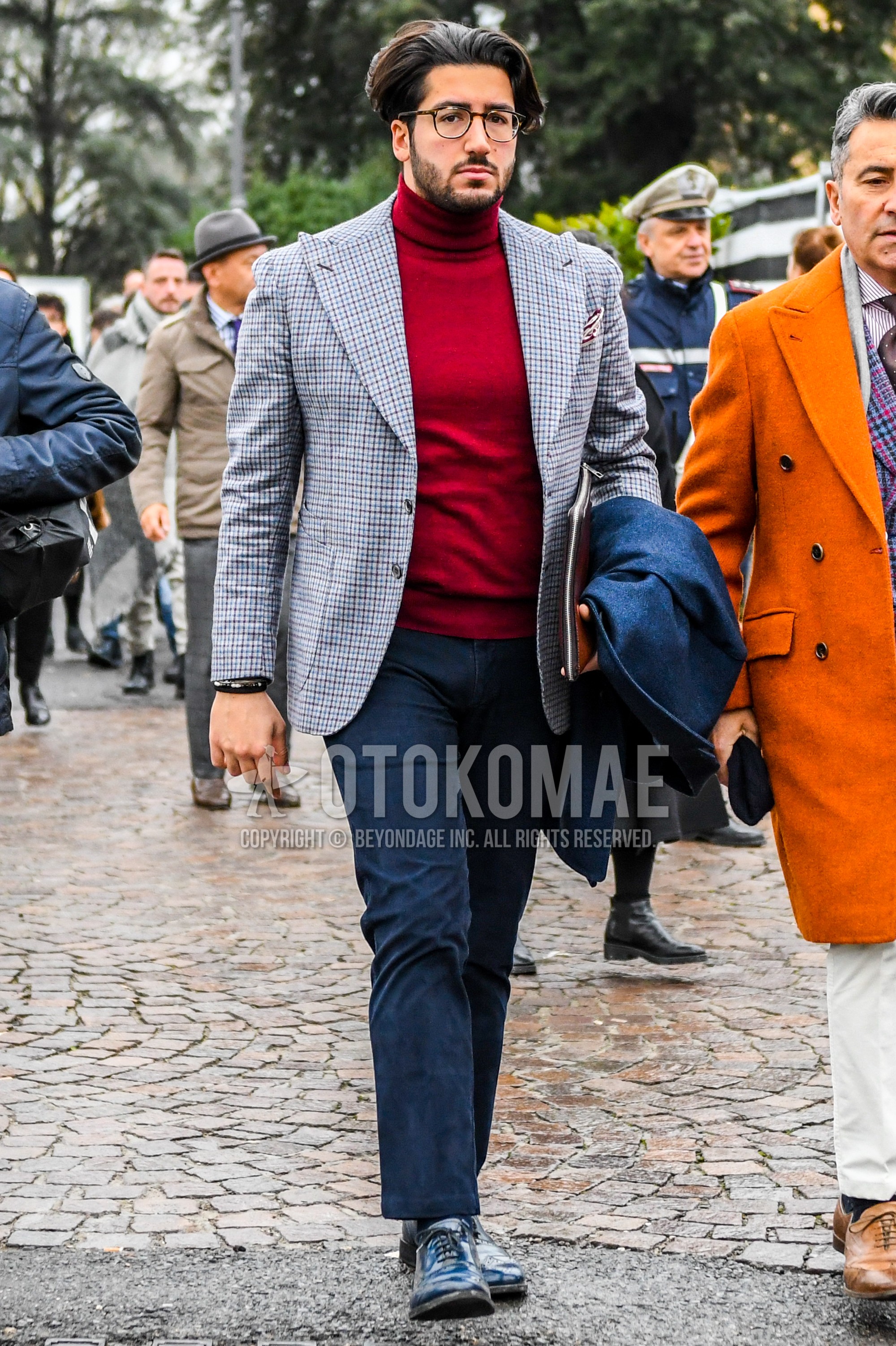 Men's autumn outfit with gray check tailored jacket, red plain turtleneck knit, navy plain cotton pants, navy wing-tip shoes leather shoes.