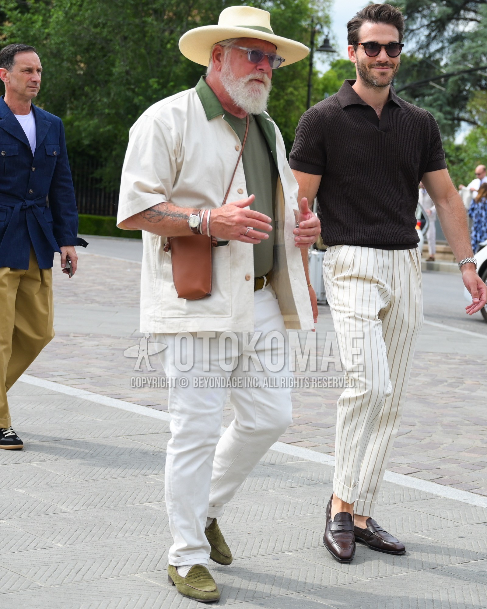 Men's spring summer autumn outfit with beige plain hat, black plain sunglasses, white plain shirt jacket, gray plain polo shirt, brown plain leather belt, white plain denim/jeans, white plain socks, green coin loafers leather shoes, green suede shoes leather shoes.