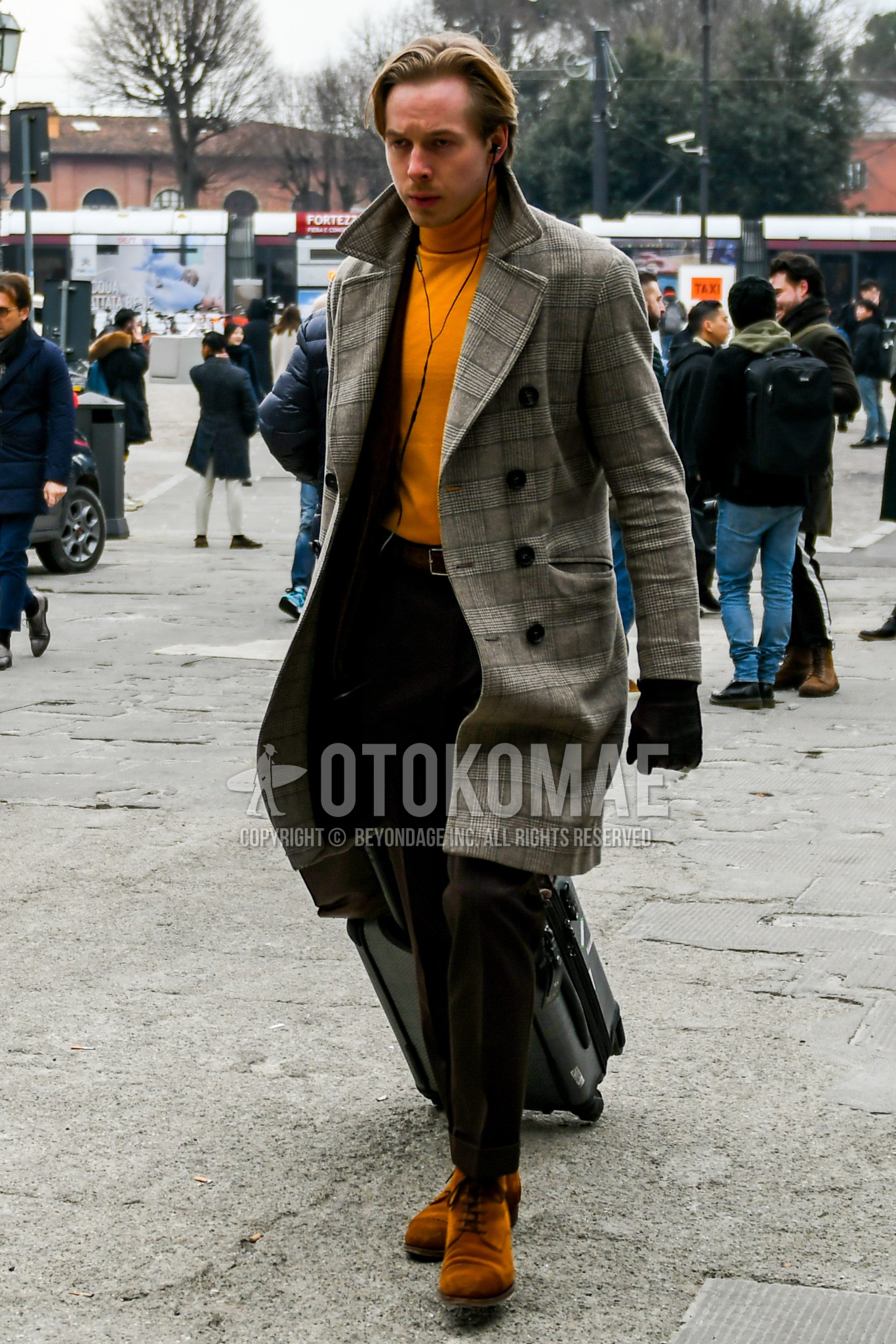 Men's winter outfit with gray check chester coat, orange plain turtleneck knit, brown plain leather belt, brown plain winter pants (corduroy,velour), brown  boots.