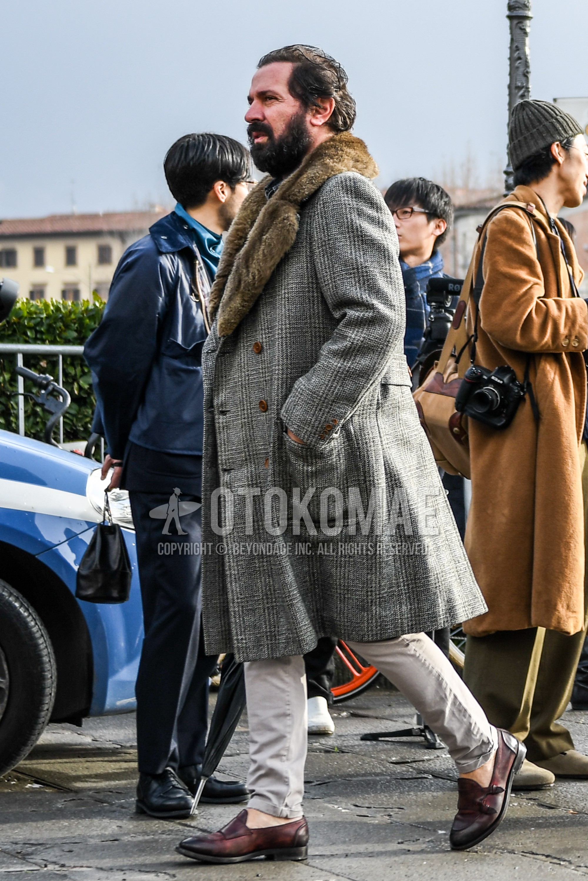 Men's autumn winter outfit with gray check ulster coat, beige plain cotton pants, brown  leather shoes, monk shoes leather shoes.