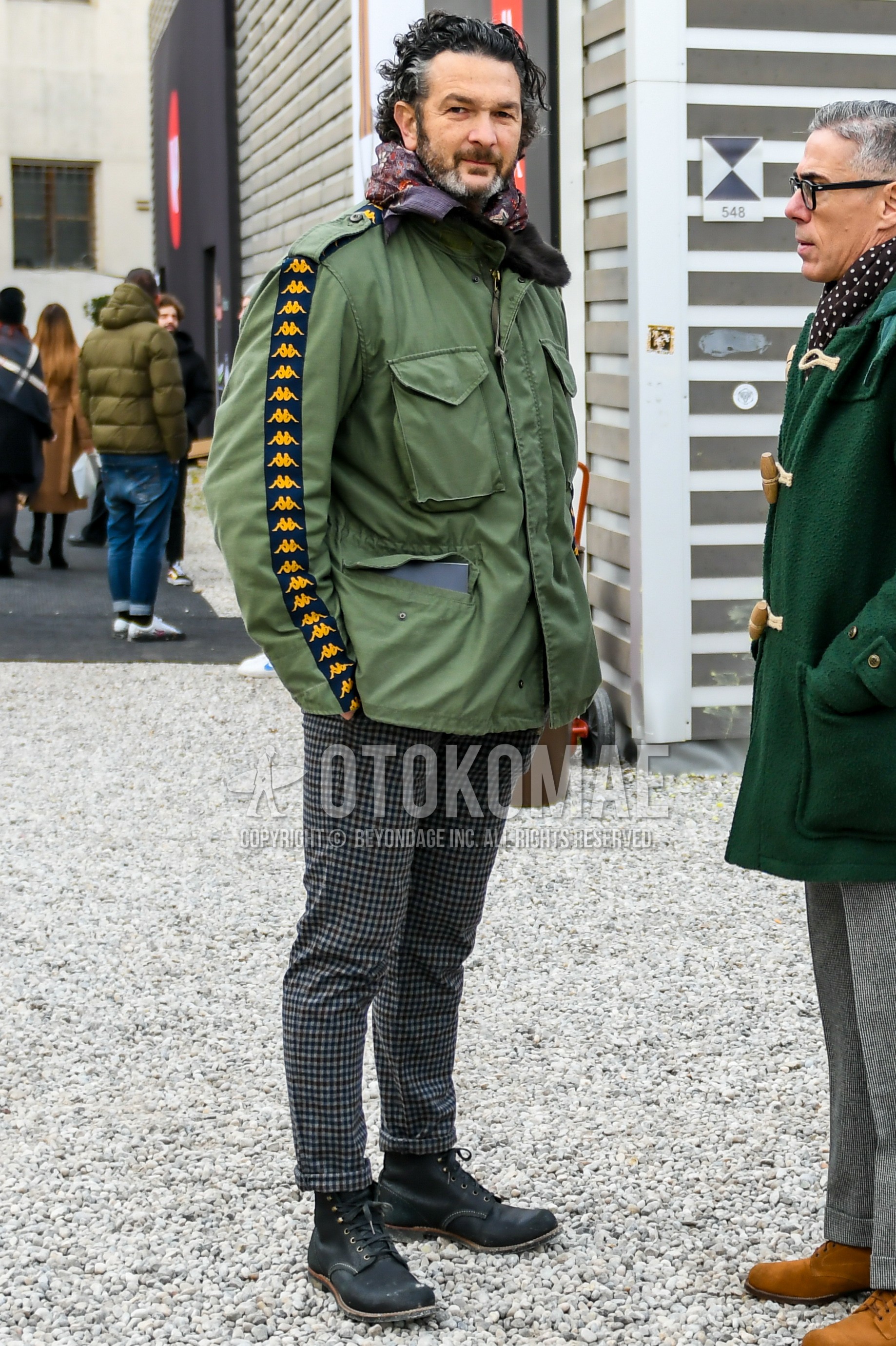 Men's autumn winter outfit with multi-color scarf scarf, olive green plain M-65, gray check cotton pants, black  boots.