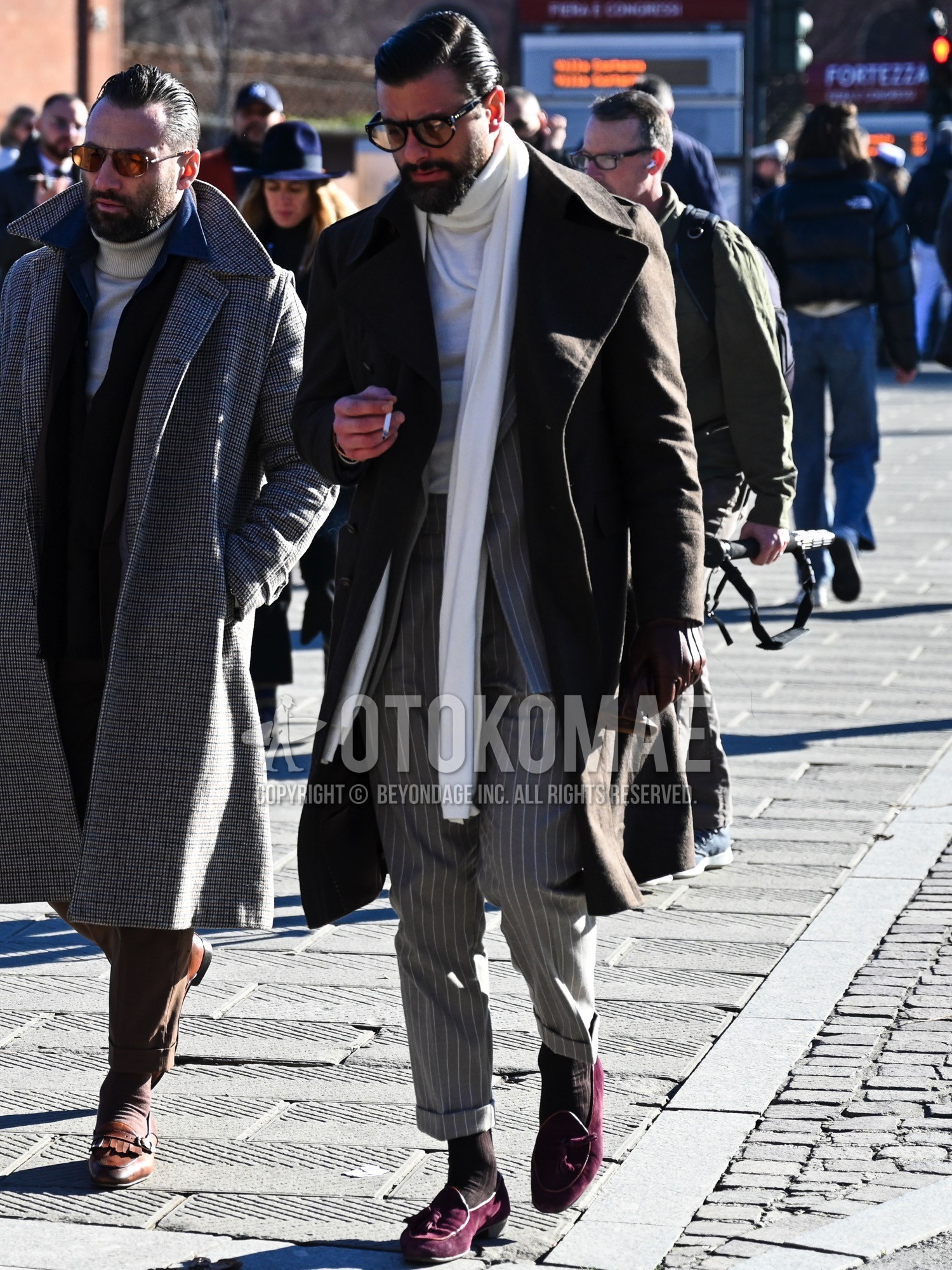 Men's autumn winter outfit with black plain sunglasses, white plain scarf, black plain ulster coat, white plain turtleneck knit, brown plain socks, red tassel loafers leather shoes, red suede shoes leather shoes, gray stripes suit.
