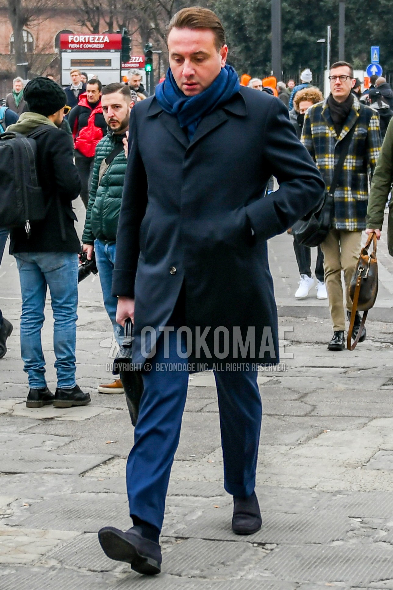 Men's autumn winter outfit with navy plain scarf, navy plain stenkarrer coat, navy plain slacks, navy plain socks, dark gray  loafers leather shoes.