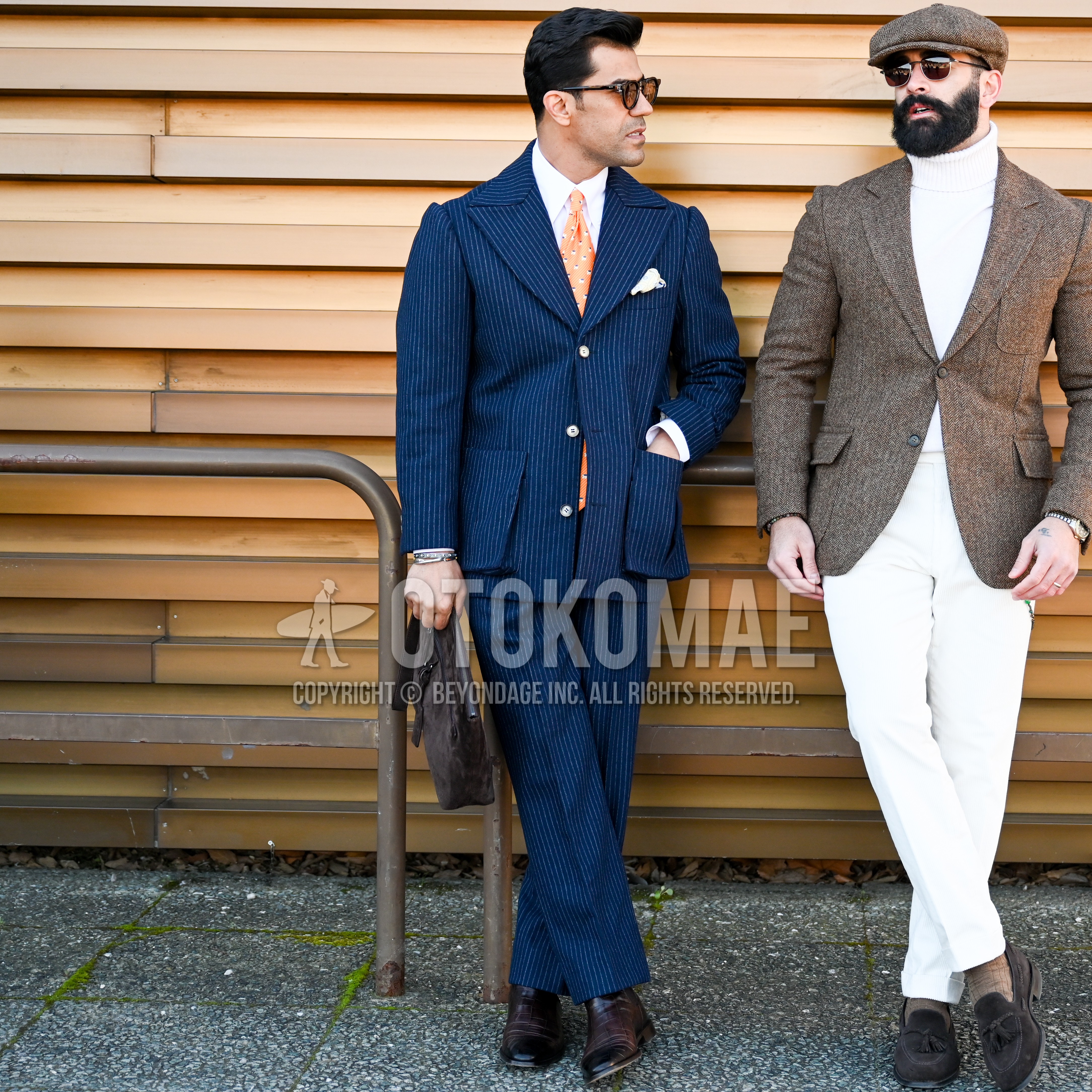 Men's spring autumn outfit with brown plain sunglasses, white plain shirt, black straight-tip shoes leather shoes, navy plain suit, orange dots necktie.