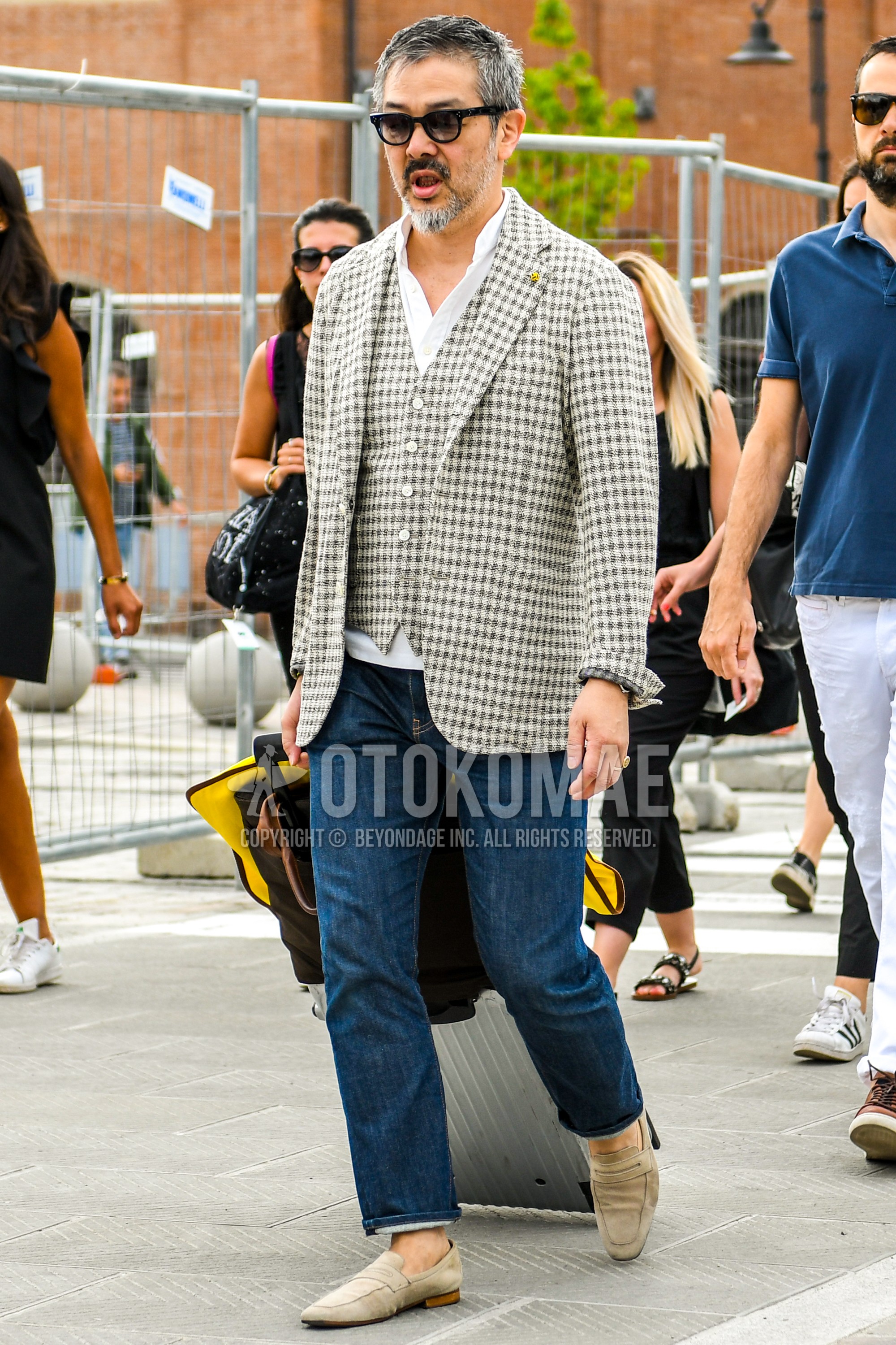 Men's spring summer autumn outfit with plain sunglasses, beige brown check tailored jacket, brown beige check gilet, white plain shirt, navy plain denim/jeans, beige suede shoes leather shoes, beige coin loafers leather shoes.