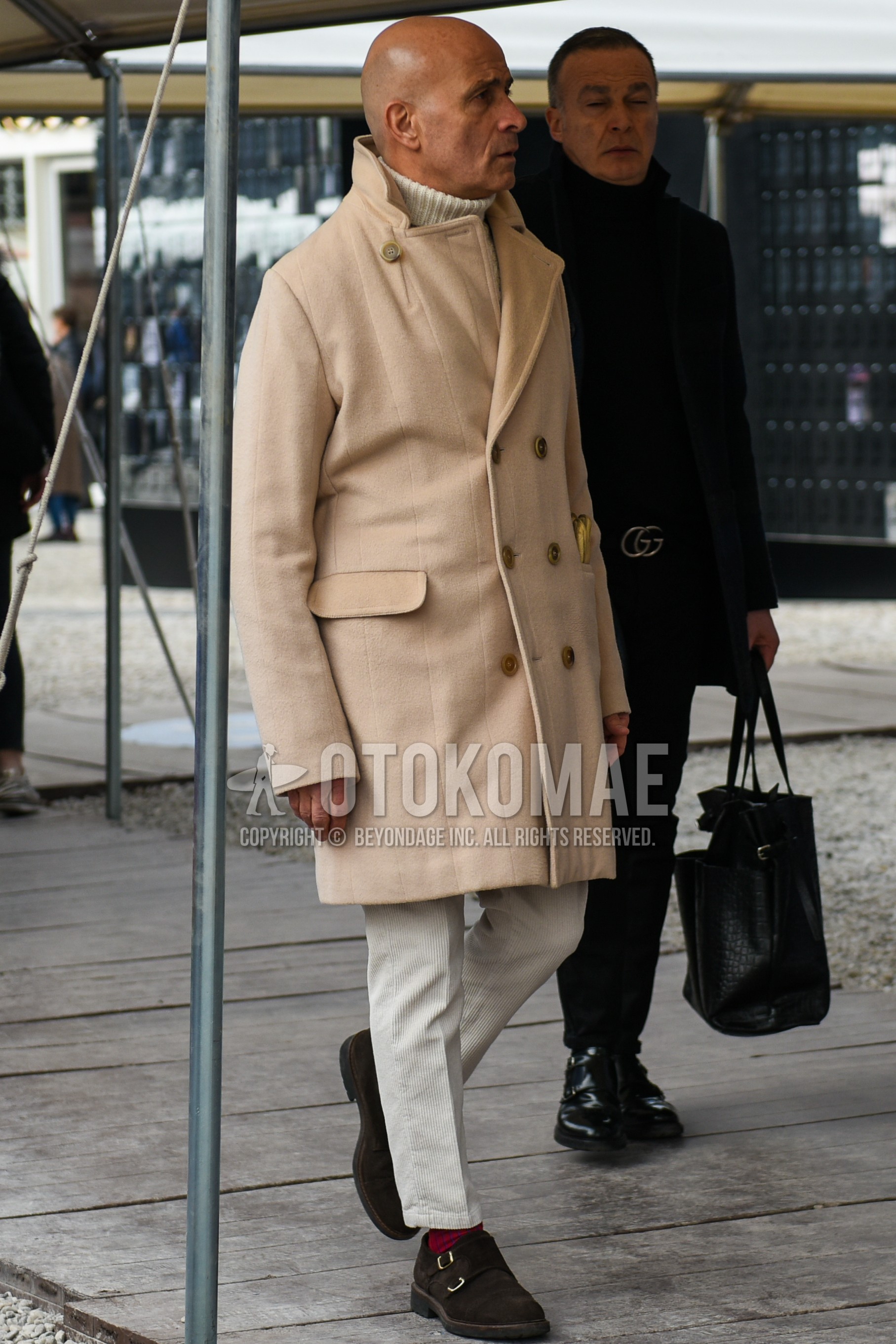 Men's autumn winter outfit with beige plain chester coat, white