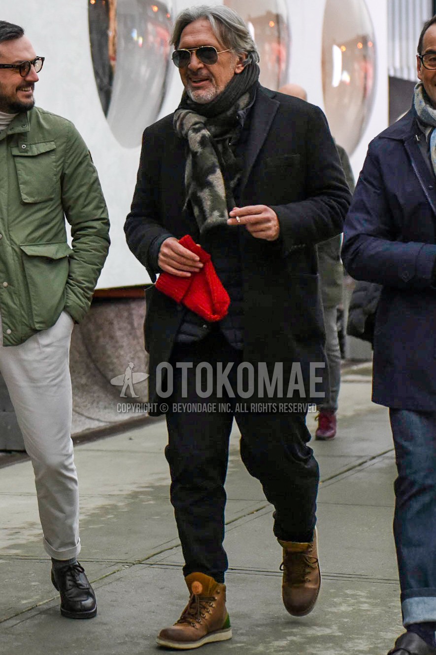 Men's winter outfit with plain sunglasses, multi-color camouflage scarf, dark gray plain chester coat, black plain inner down, dark gray plain cotton pants, brown  boots.