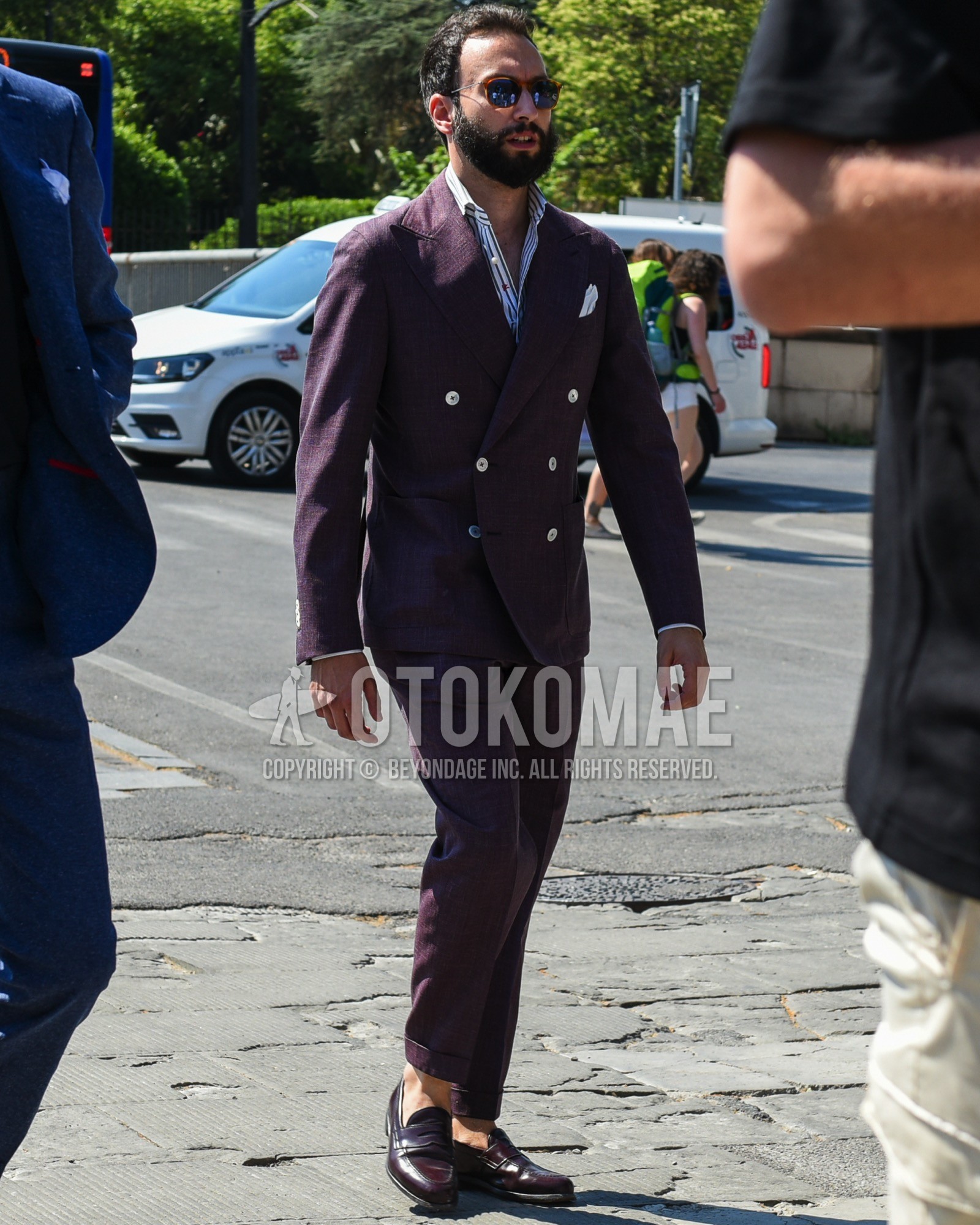 Men's spring summer outfit with brown tortoiseshell sunglasses, white green stripes shirt, brown coin loafers leather shoes, purple plain suit.