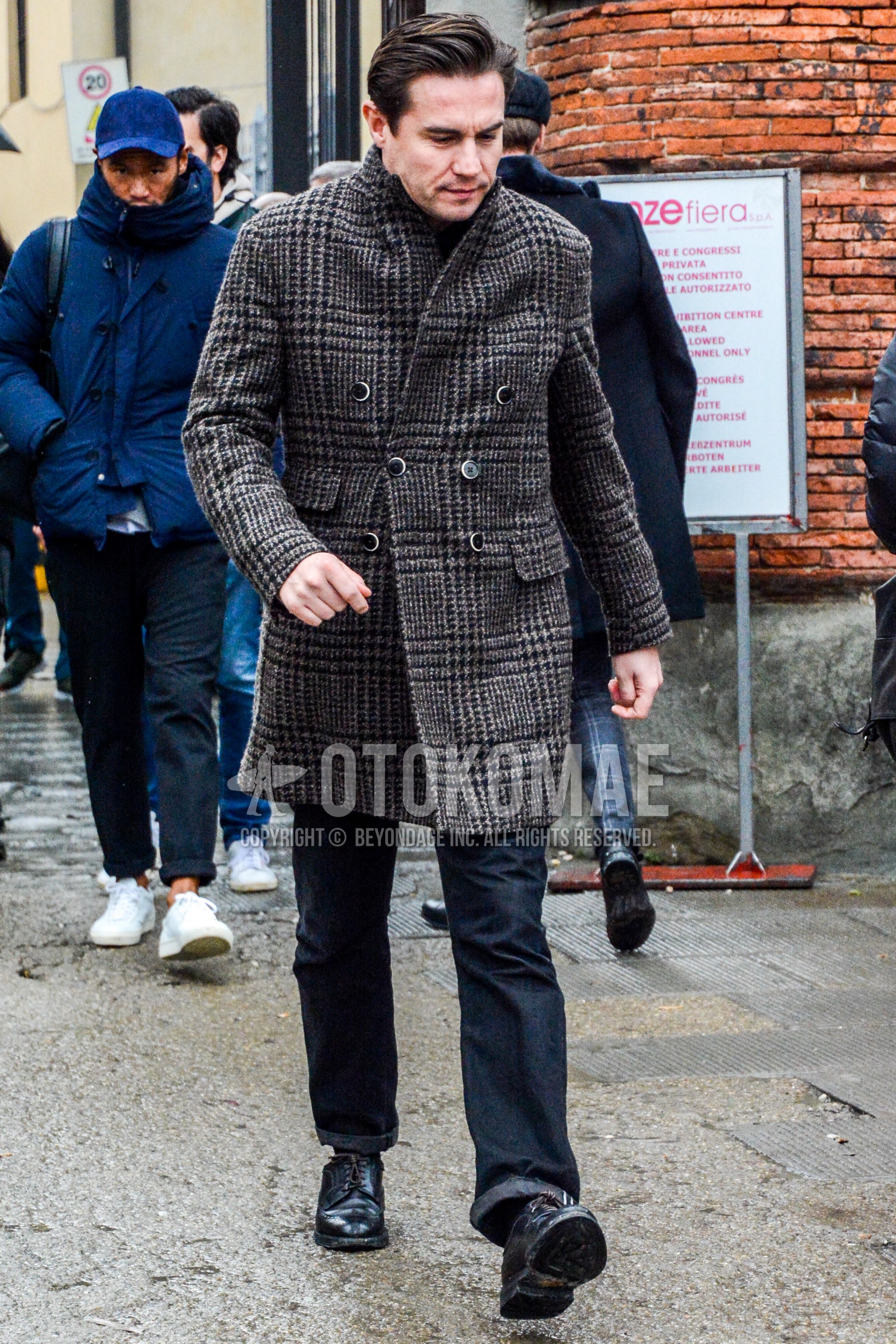 Men's autumn winter outfit with gray check chester coat, black plain denim/jeans, black wing-tip shoes leather shoes.
