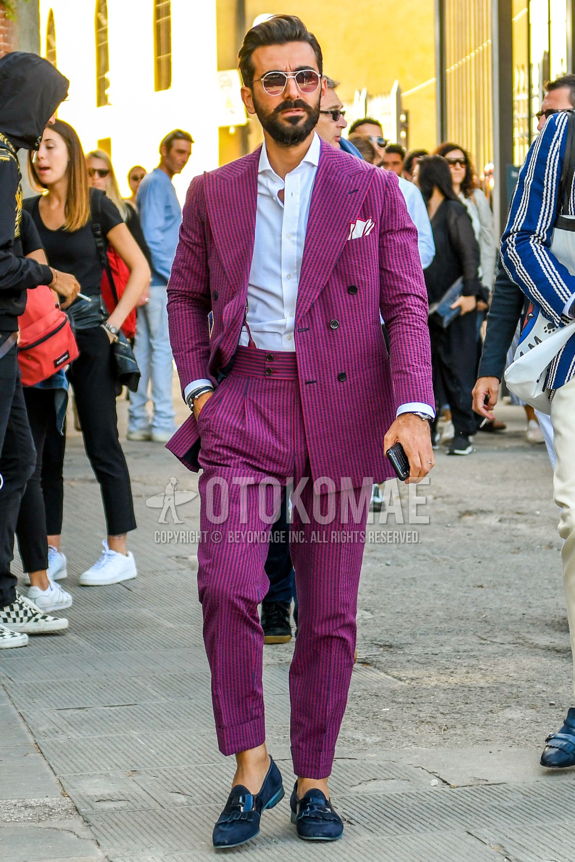 Men's spring summer autumn outfit with plain sunglasses, white plain shirt, navy  loafers leather shoes, suede shoes leather shoes, purple black stripes suit.