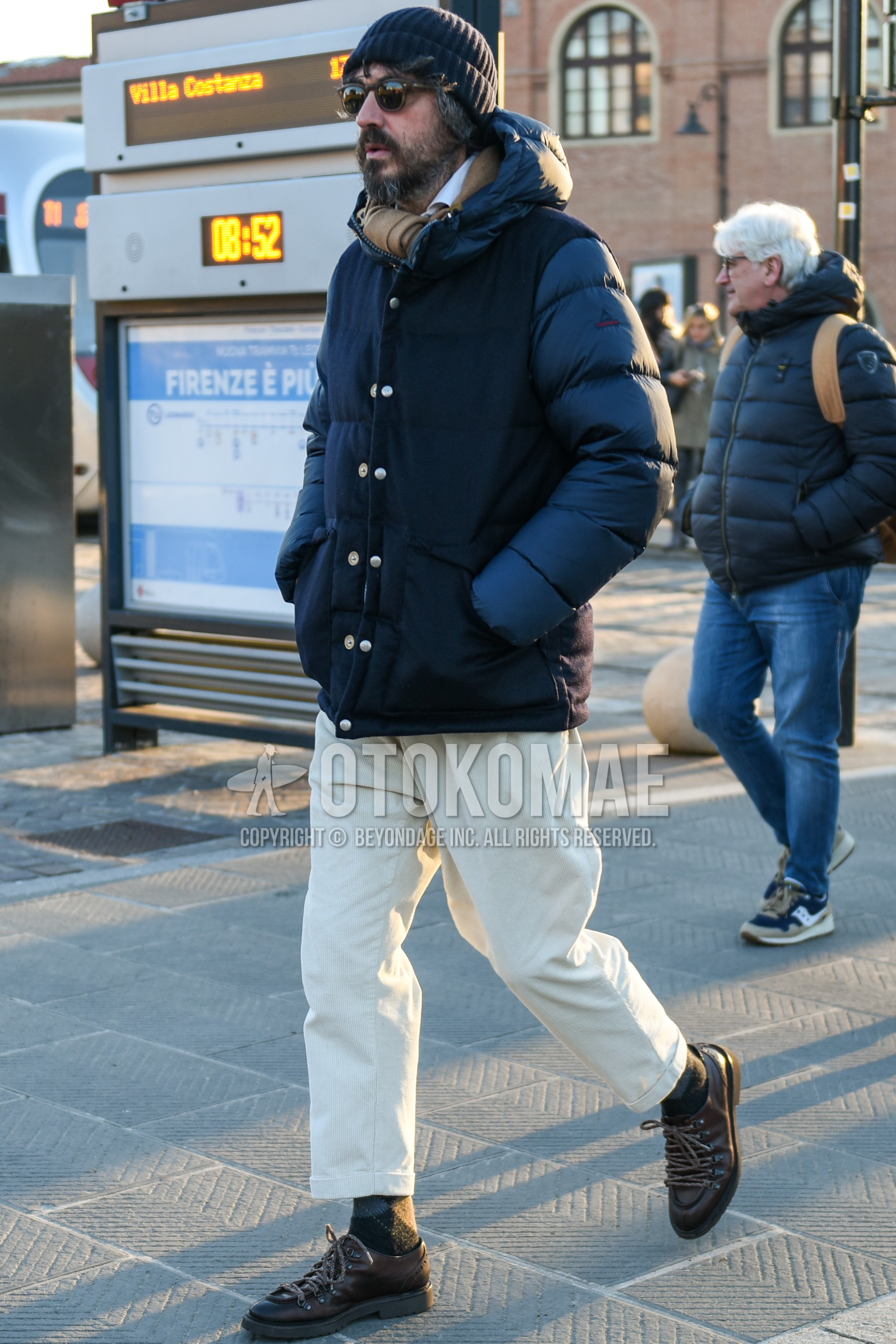Men's autumn winter outfit with black plain knit cap, black plain sunglasses, beige plain scarf, dark gray plain down jacket, white plain winter pants (corduroy,velour), gray socks socks, brown  boots.