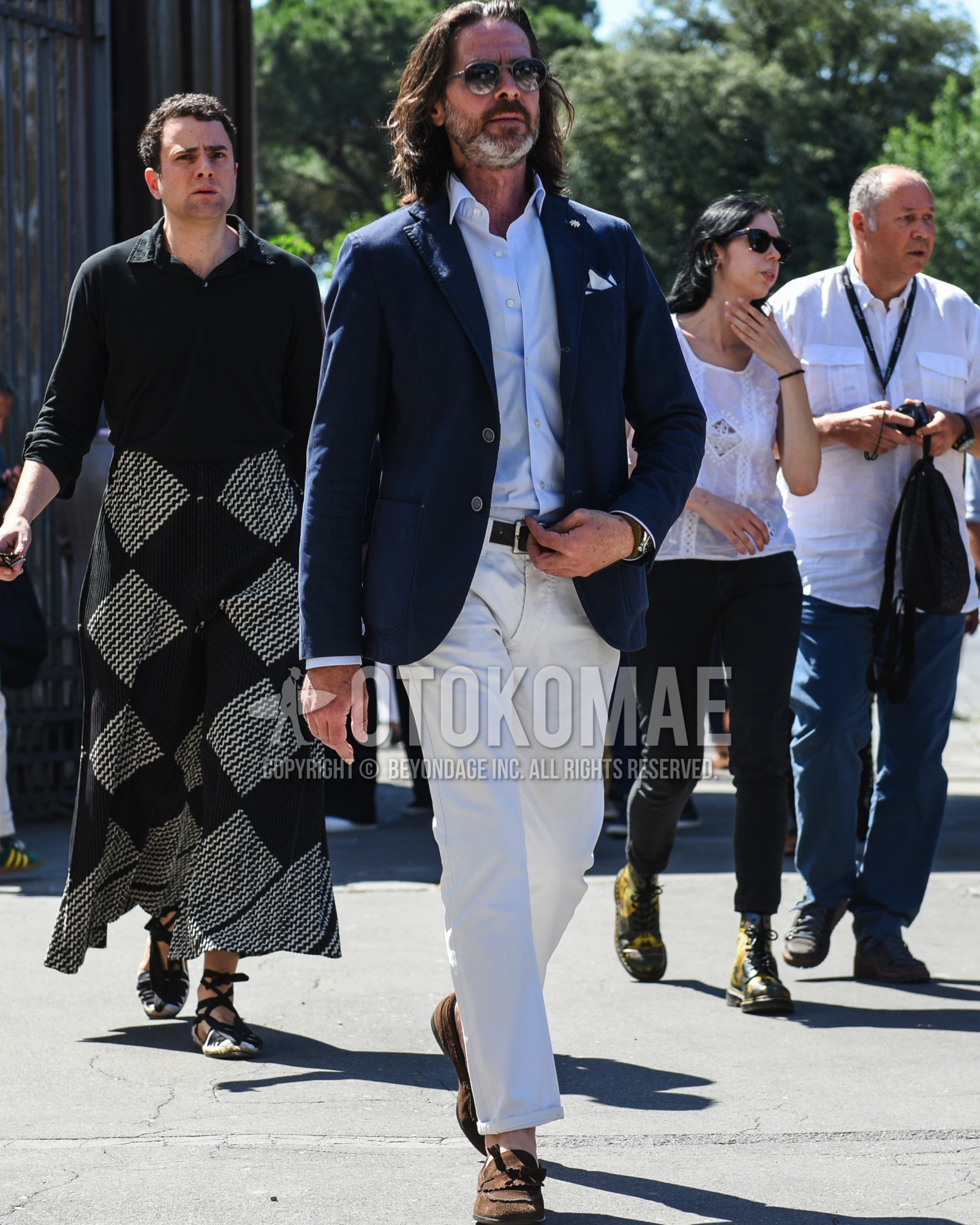 Men's spring summer outfit with gray plain sunglasses, navy plain tailored jacket, white plain shirt, black plain leather belt, white plain cotton pants, brown tassel loafers leather shoes, brown suede shoes leather shoes.