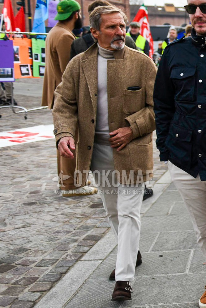 Men's autumn outfit with beige plain tailored jacket, beige plain turtleneck knit, beige plain cotton pants, brown monk shoes leather shoes, suede shoes leather shoes.