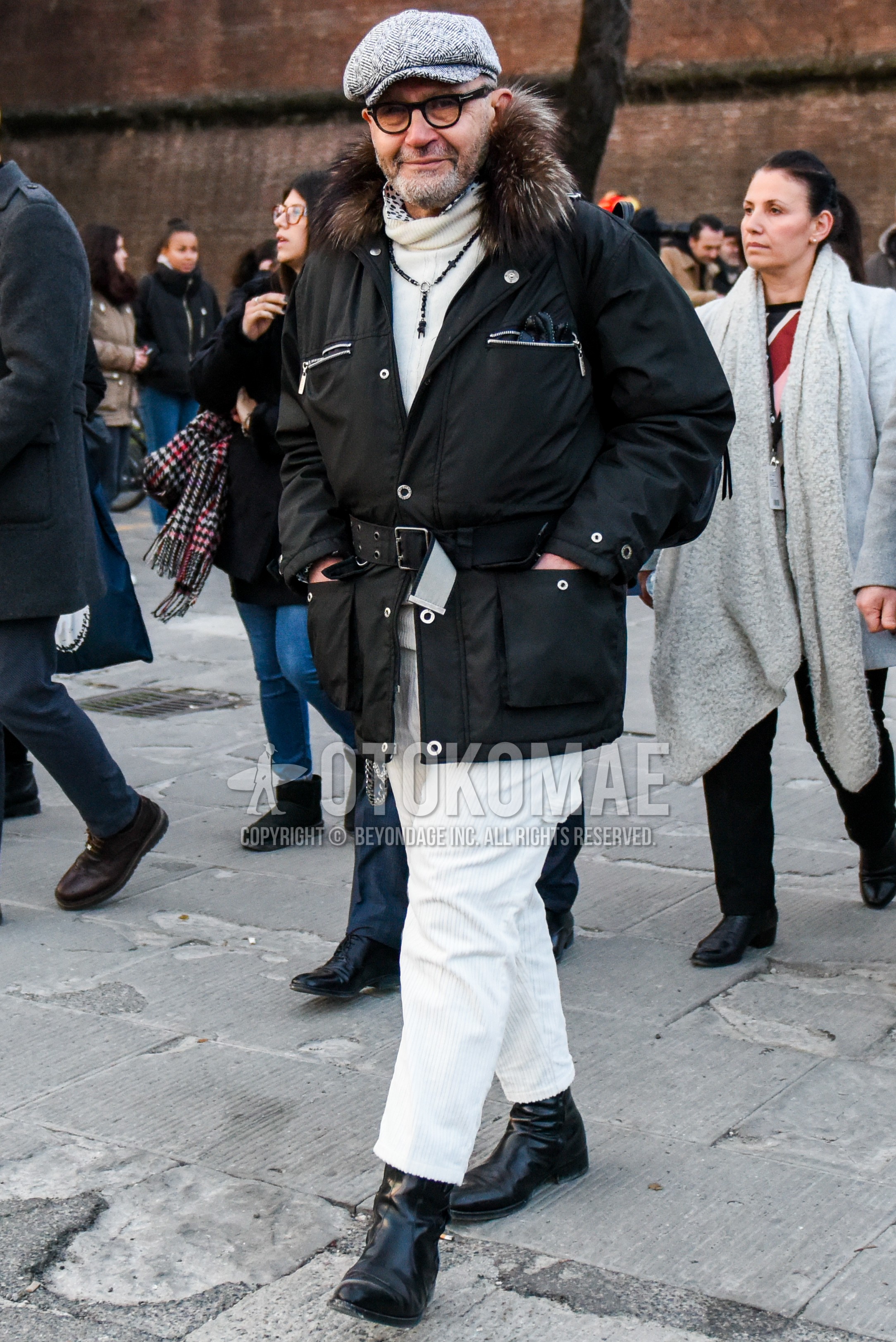 Men's winter outfit with gray cap, plain glasses, black plain down jacket, white plain turtleneck knit, white plain winter pants (corduroy,velour), black  boots.