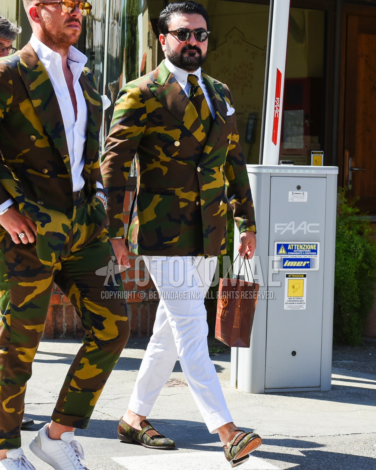 Men's spring summer outfit with brown plain sunglasses, olive green camouflage tailored jacket, white plain shirt, white plain slacks, white plain ankle pants, olive green tassel loafers leather shoes, olive green suede shoes leather shoes, olive green camouflage necktie.