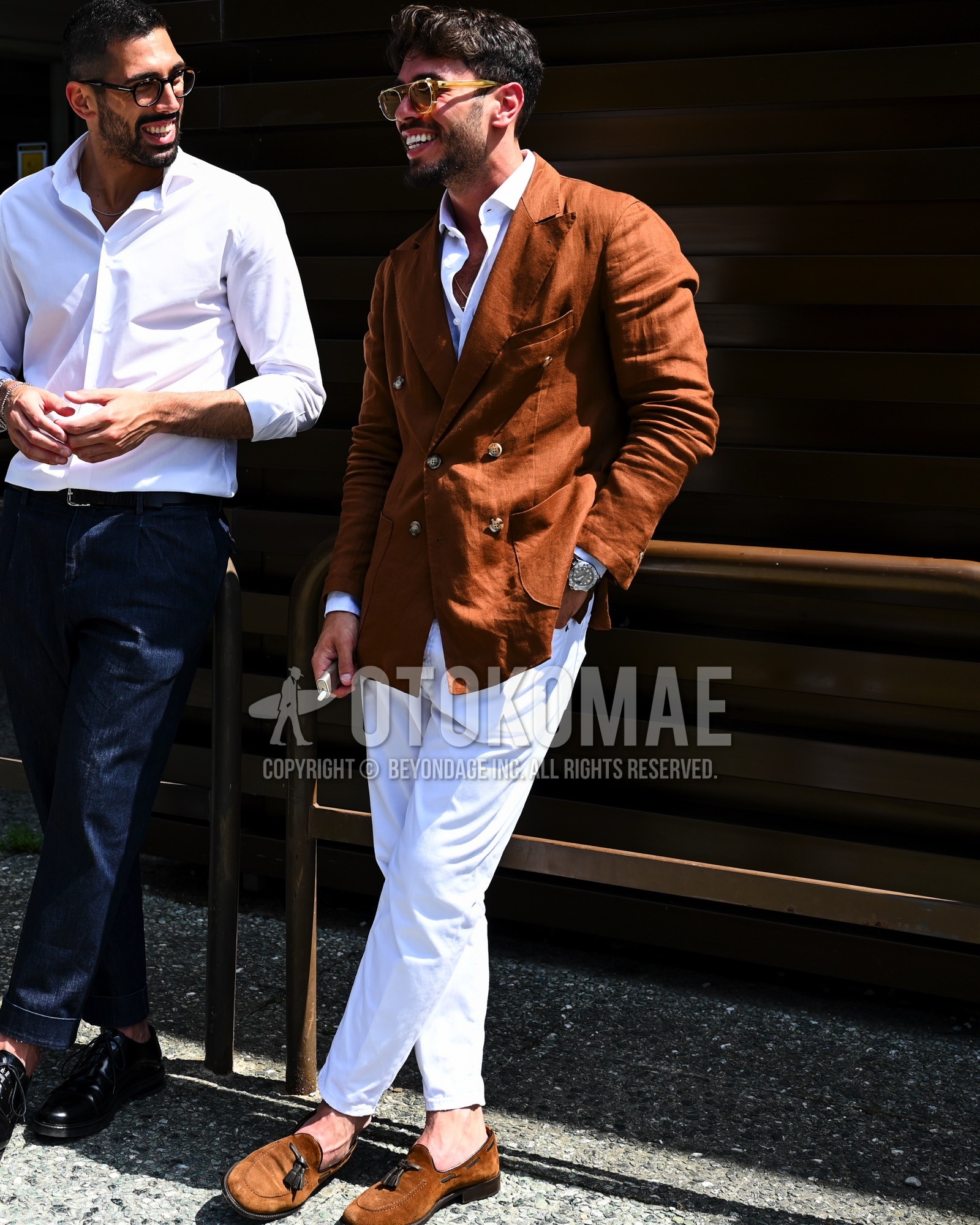 Men's spring summer autumn outfit with brown plain sunglasses, brown plain tailored jacket, white plain shirt, white plain slacks, brown  loafers leather shoes, brown suede shoes leather shoes.