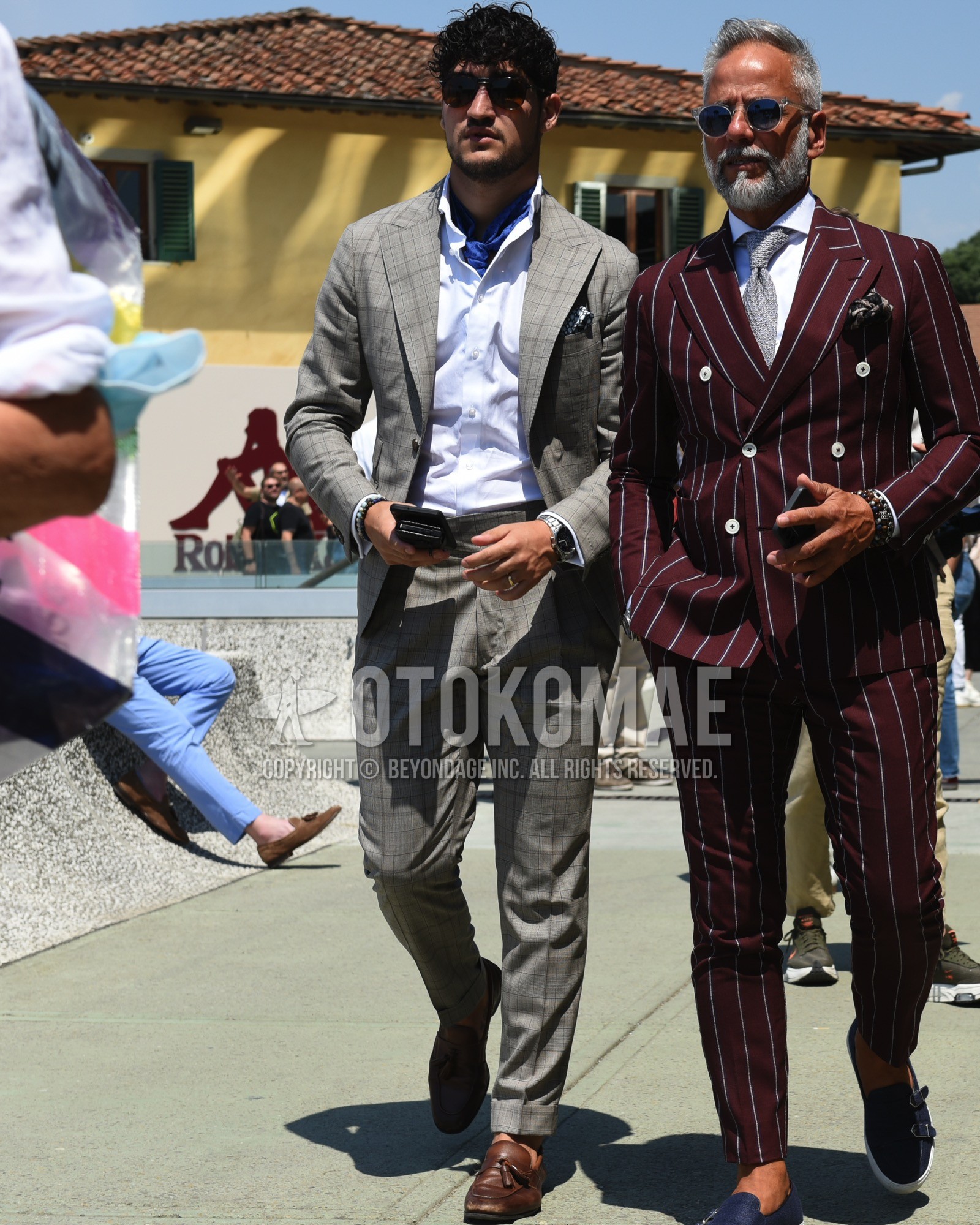 Men's spring summer outfit with brown plain sunglasses, blue scarf scarf, white plain shirt, brown tassel loafers leather shoes, gray check suit.