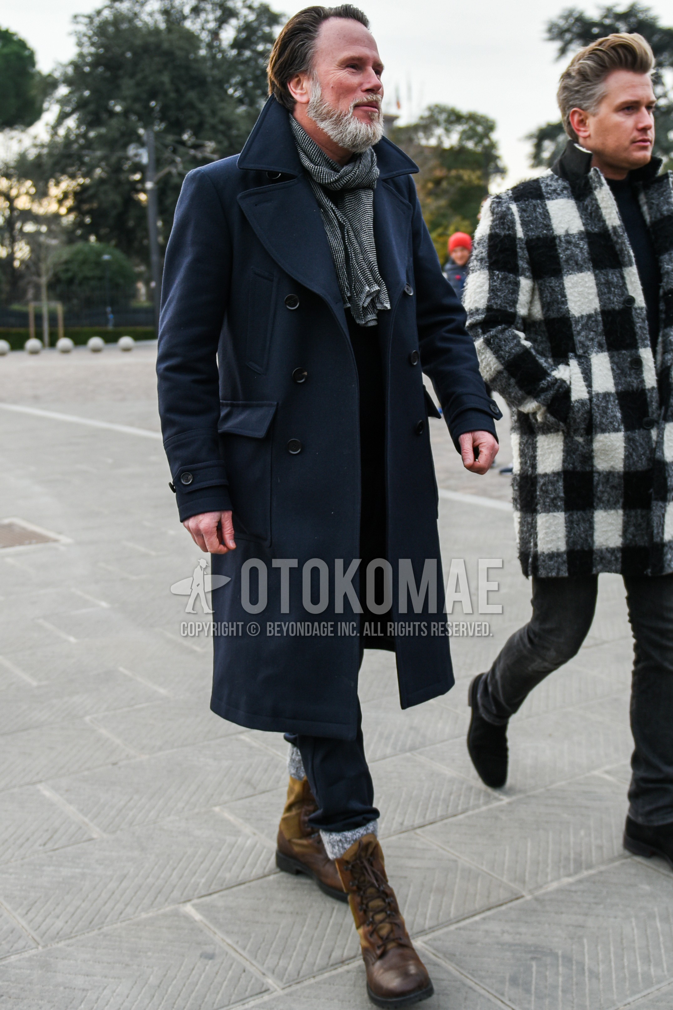 Men's autumn winter outfit with gray scarf scarf, navy plain ulster coat, navy plain slacks, gray socks socks, brown  boots.