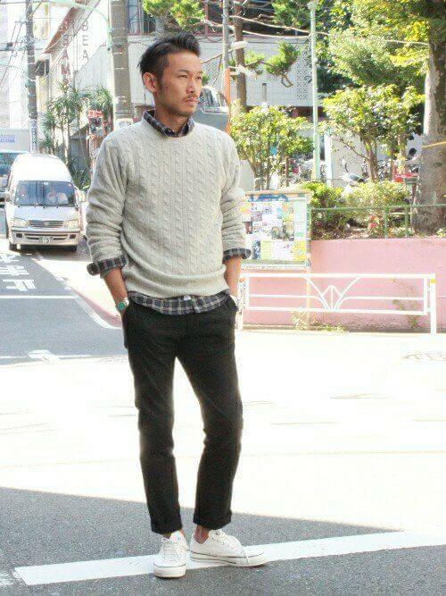 チェックシャツ コーデ特集 洒落感たっぷりのアクセントを効かせたメンズ着こなし アイテムを紹介 チェックシャツ クルーネックニットコーデ Otokomae 男前研究所