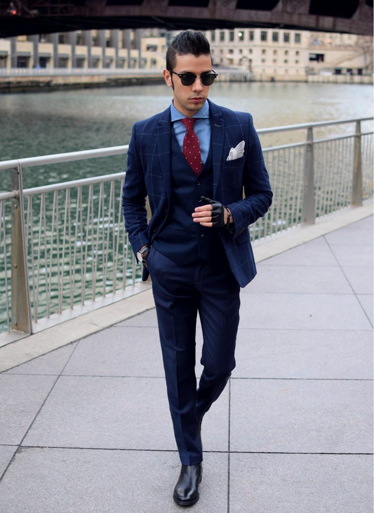 navy blue suit red tie