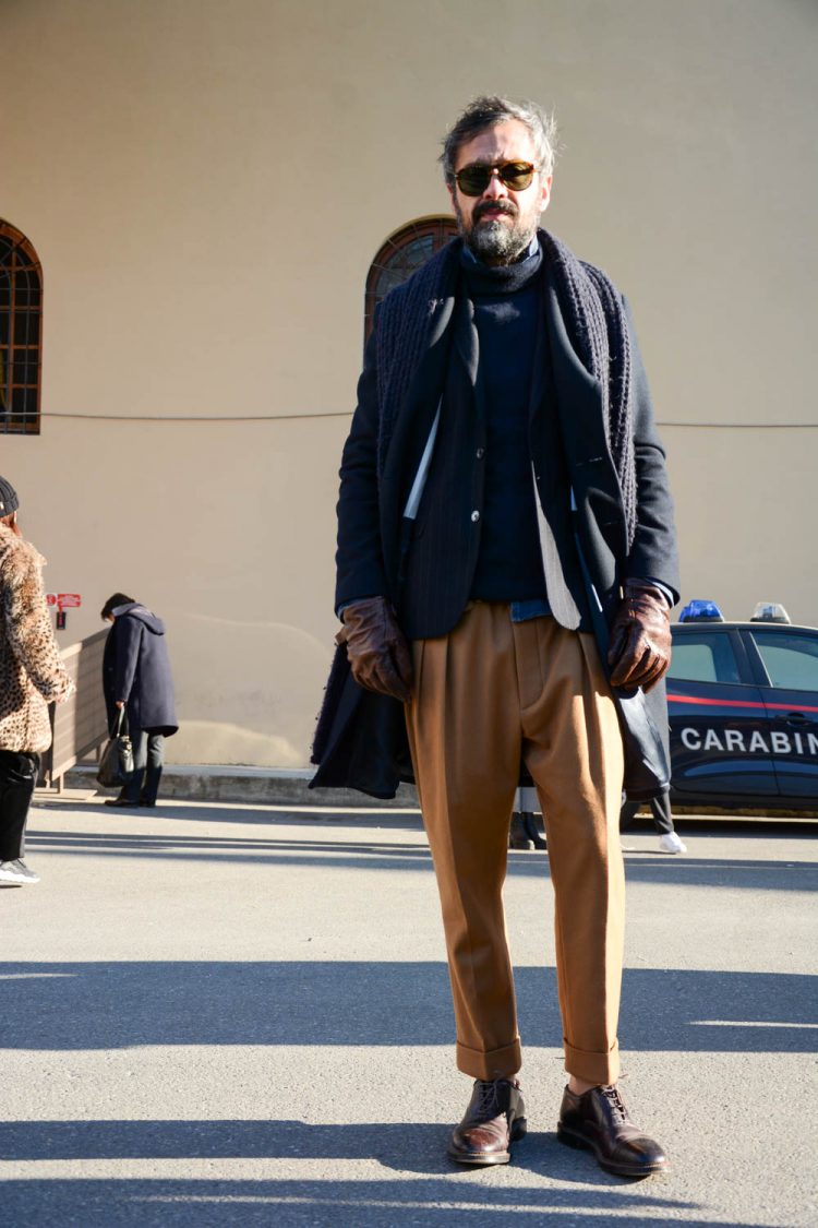 Navy jacket and brown pleated pants for contrast
