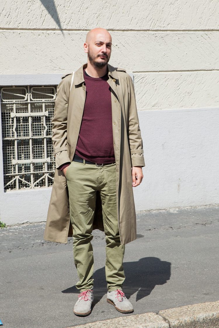 Colonial color coordinate made with khaki pants and accented with bordo knit