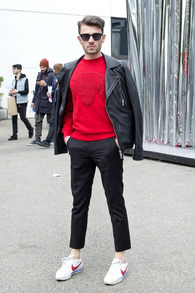 Lightly coordinate a heavy rider's jacket with cropped pants and sneakers
