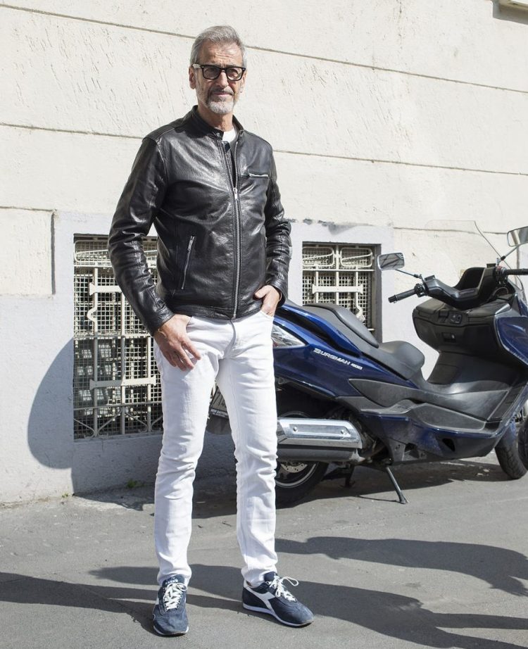Riders Jacket and White Pants for a Sleek Sense of Style