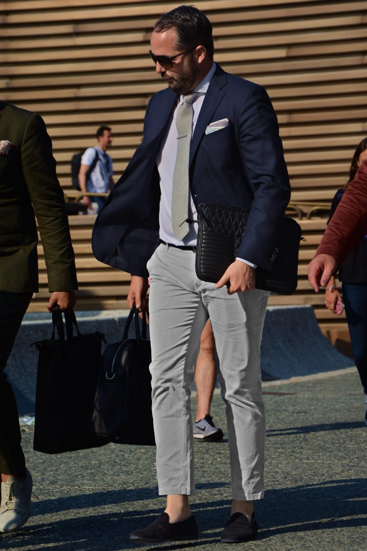 Gray pants that easily fit into a colorful coordinate.