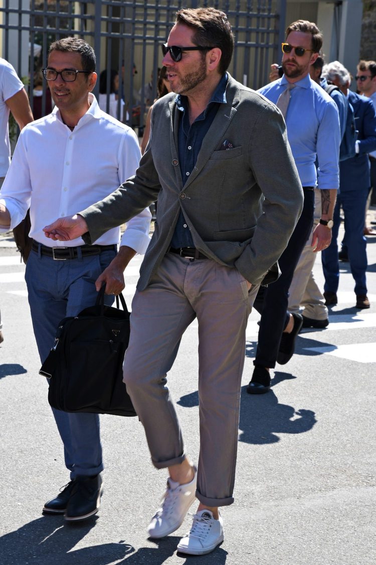 Jackets coordinate with gray pants rolled up for a cozy look