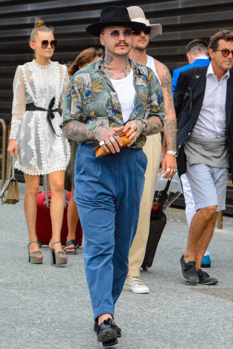 Aloha shirt and pleated pants