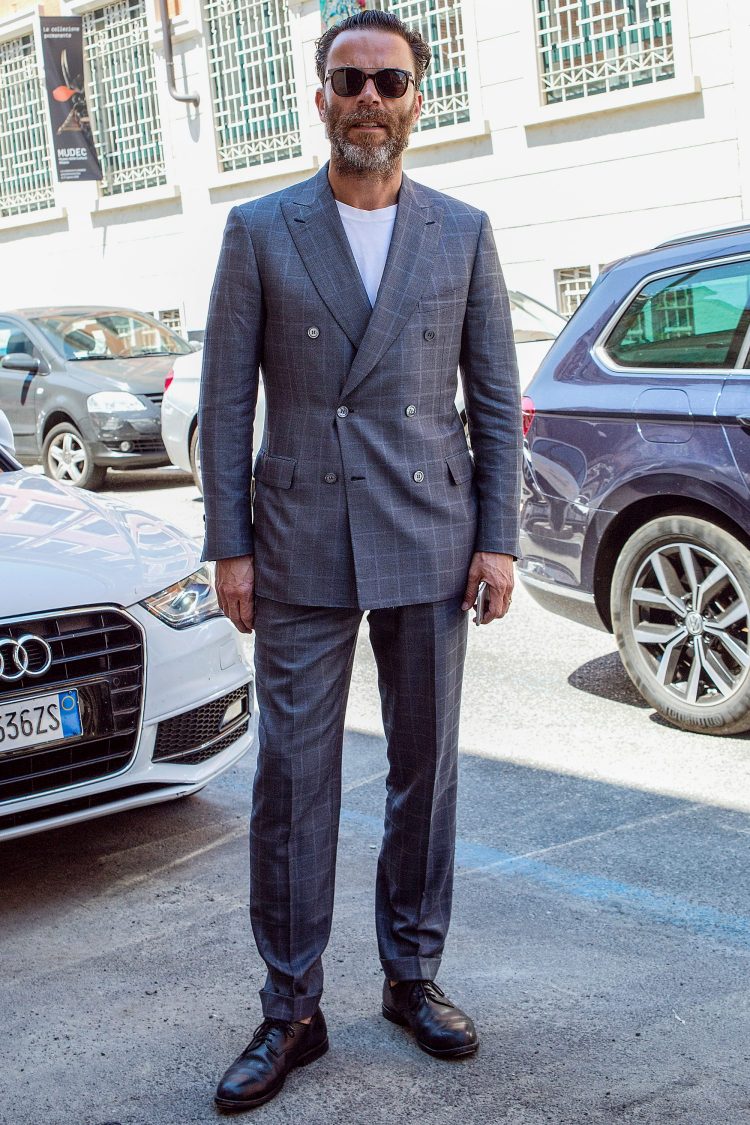 Checked gray suit layered with white T for a soft look