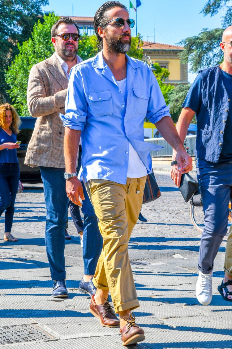 Roll up chinos and shirt to give a simple coordinate a cozy look