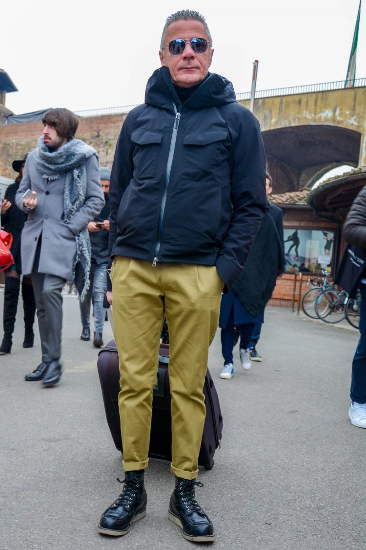 Pleated pants coordinate with sporty mountain parka