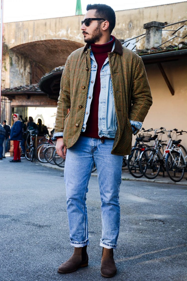 Denim on denim with a hunting jacket for a rugged look