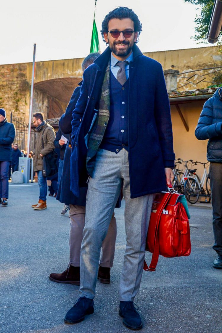 Adjusting the balance of an outfit created mainly in blue by incorporating gray pants
