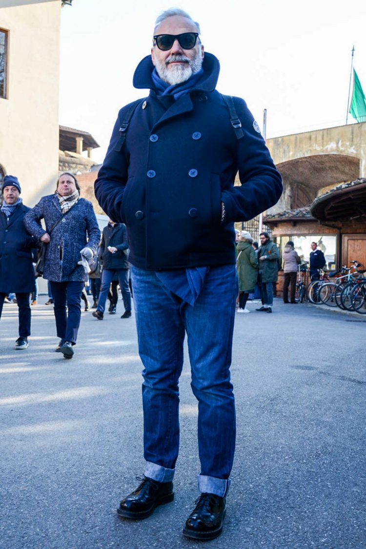 Jeans coordinate with P-coat and stole layered for a cozy look