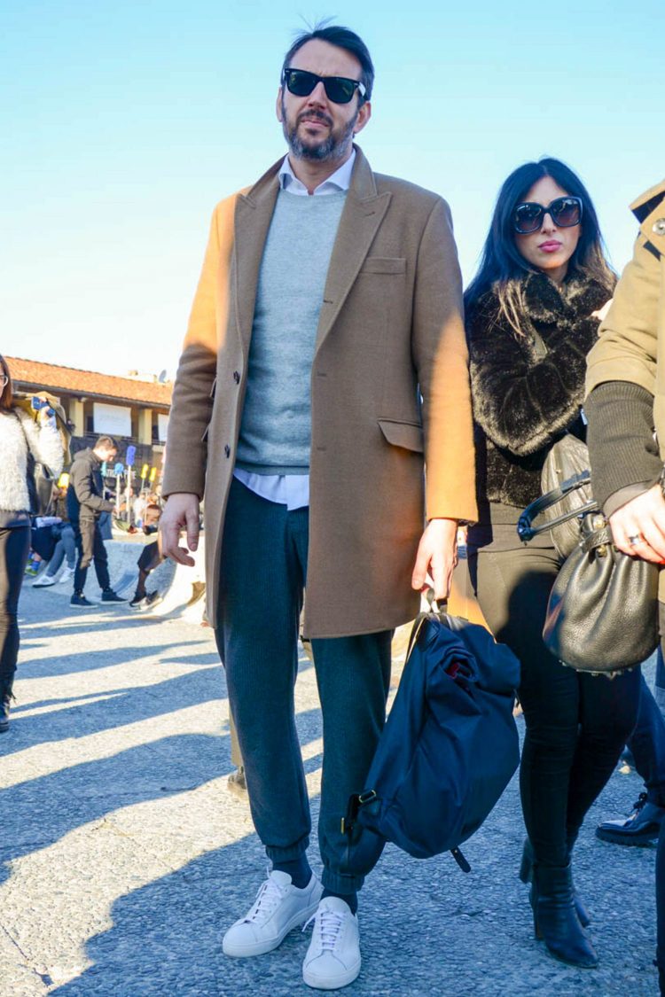 Gray pants with jogger specifications complement fine shoes.