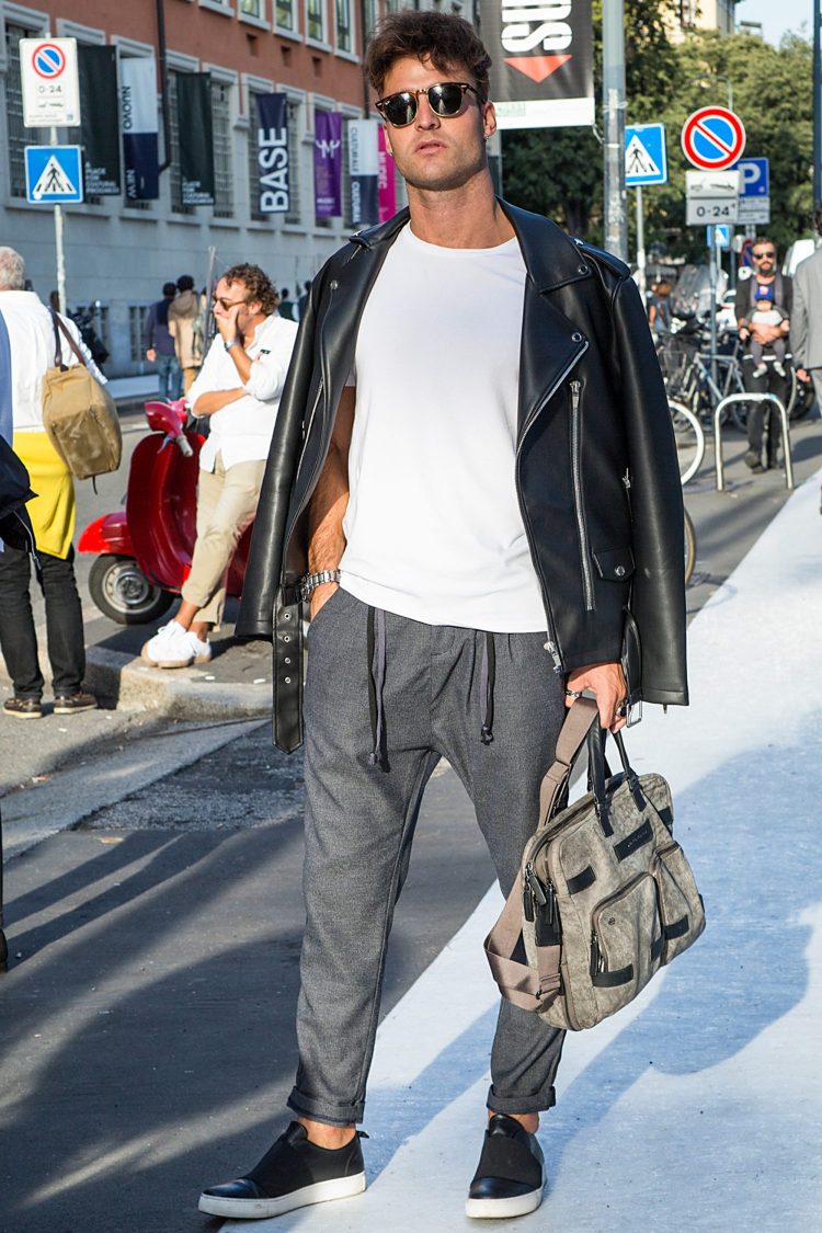 Coordinates with simple items to highlight the details of the gray pants